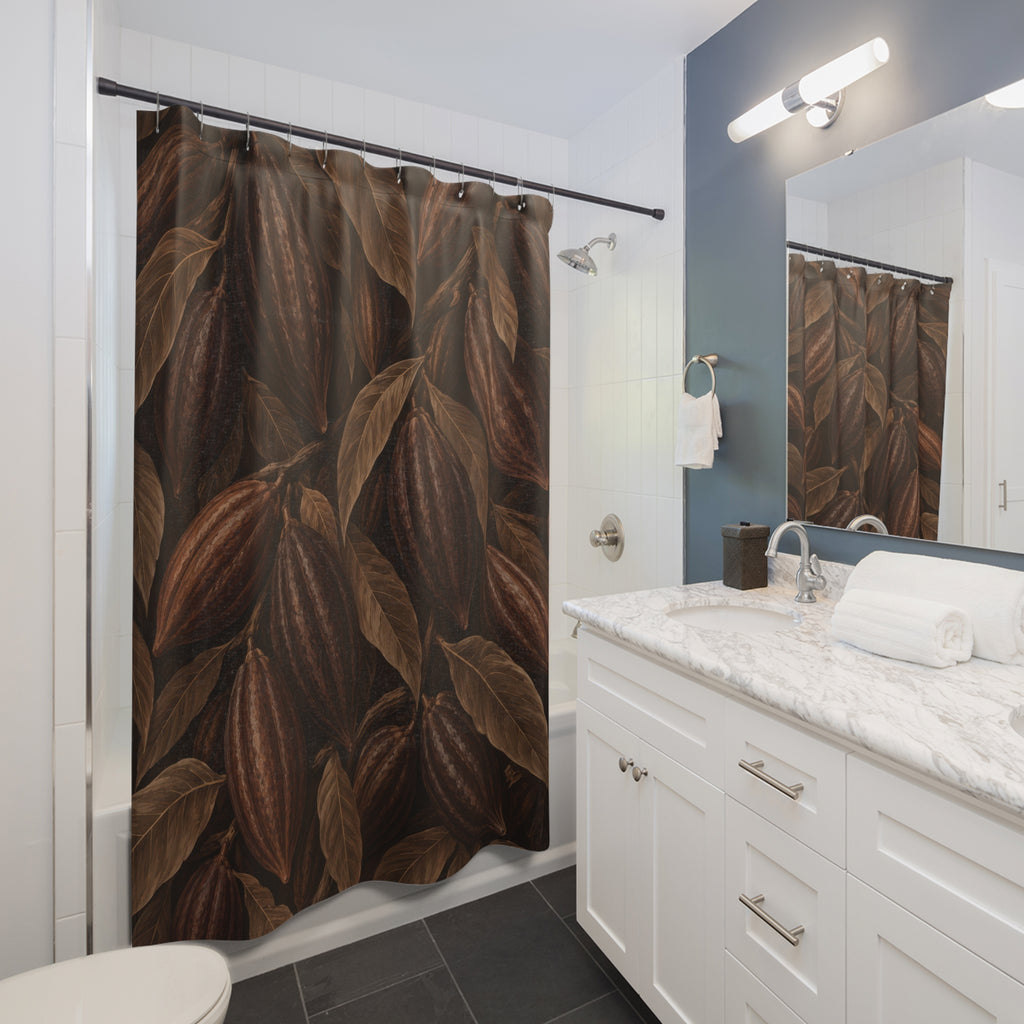 Chocolate brown cacao pods among taupe leaves shower curtain beside a white vanity