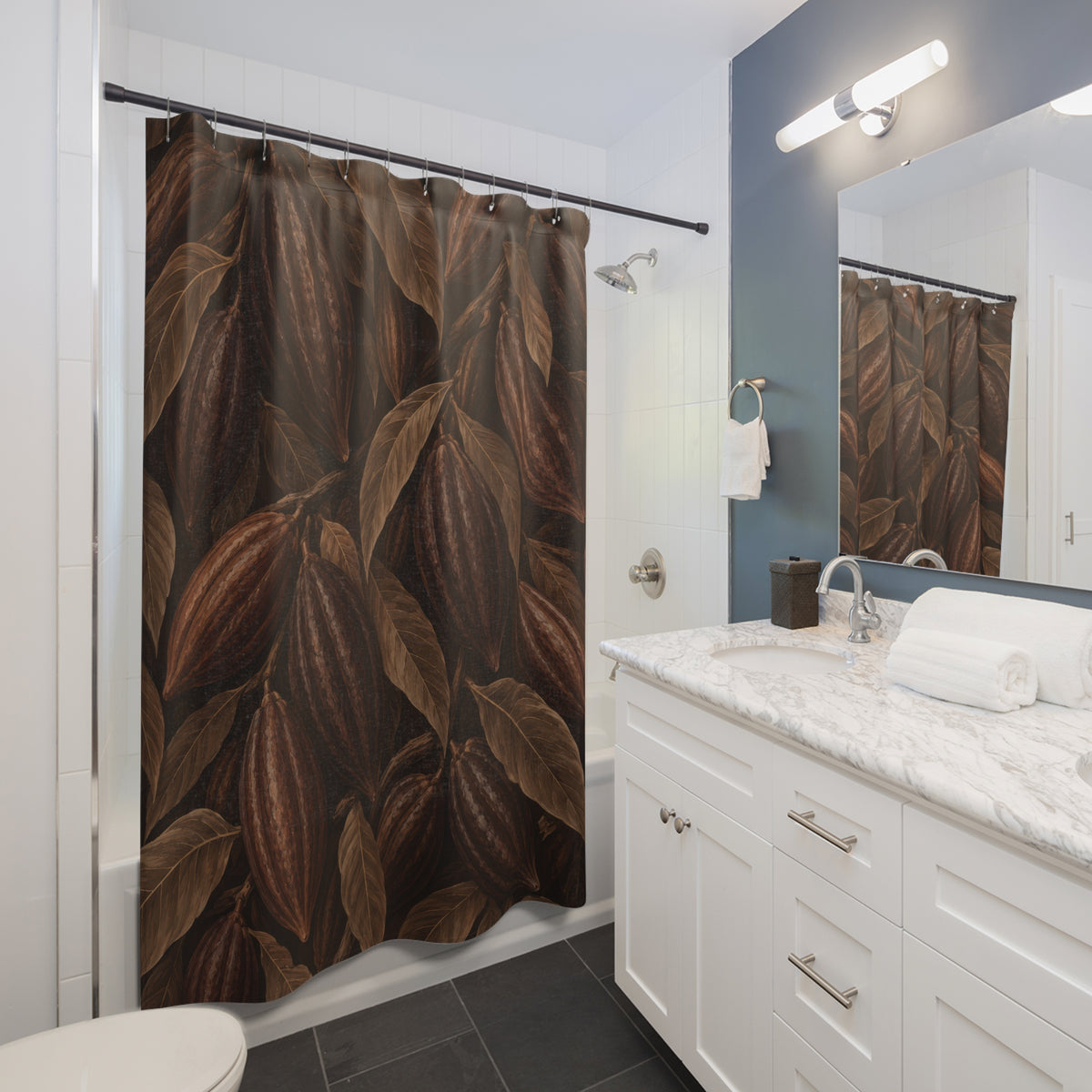 Chocolate brown cacao pods among taupe leaves shower curtain beside a white vanity