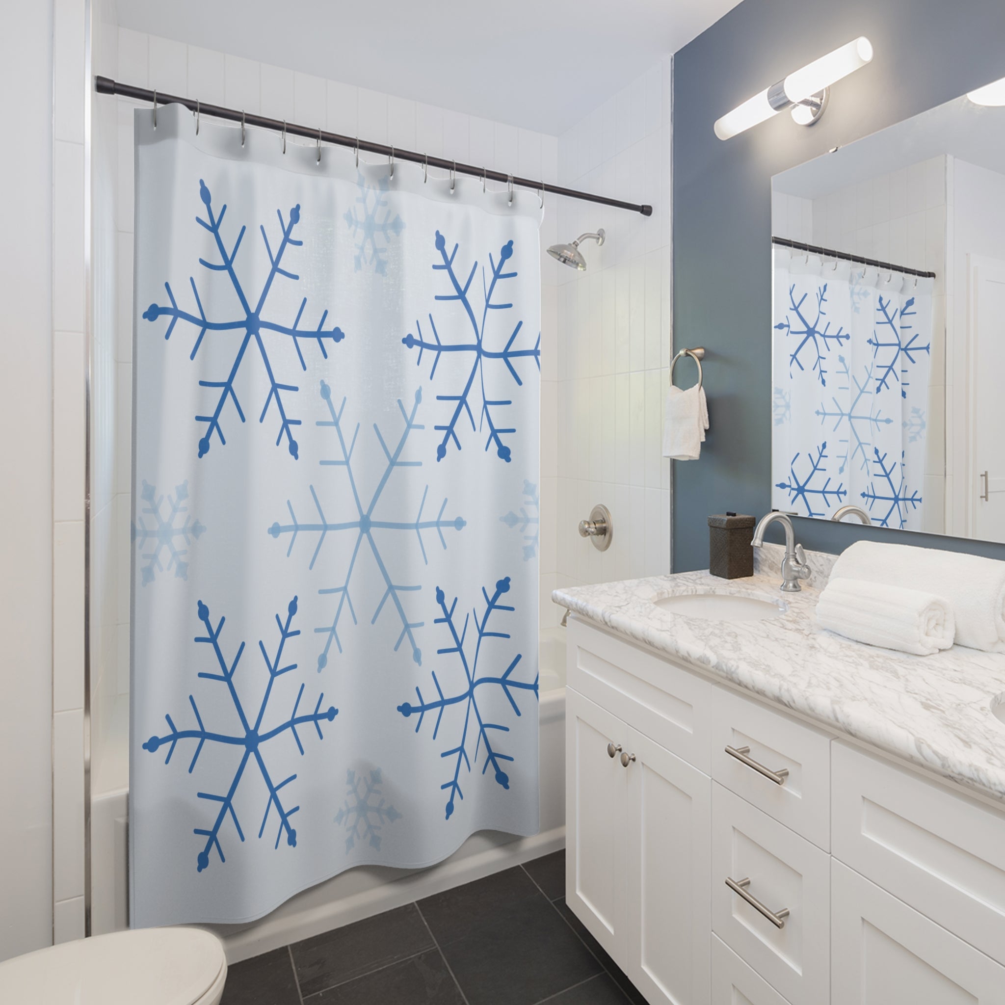 Snowflake Shower Curtain: Blue White Winter