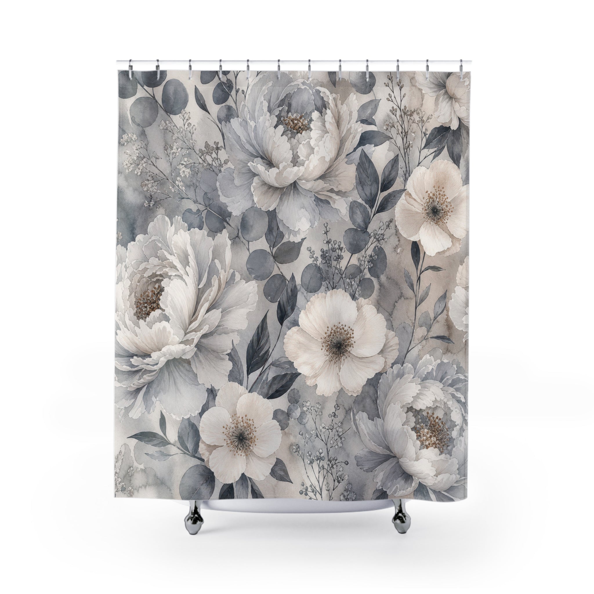 Grey Floral Shower Curtain: White Flower