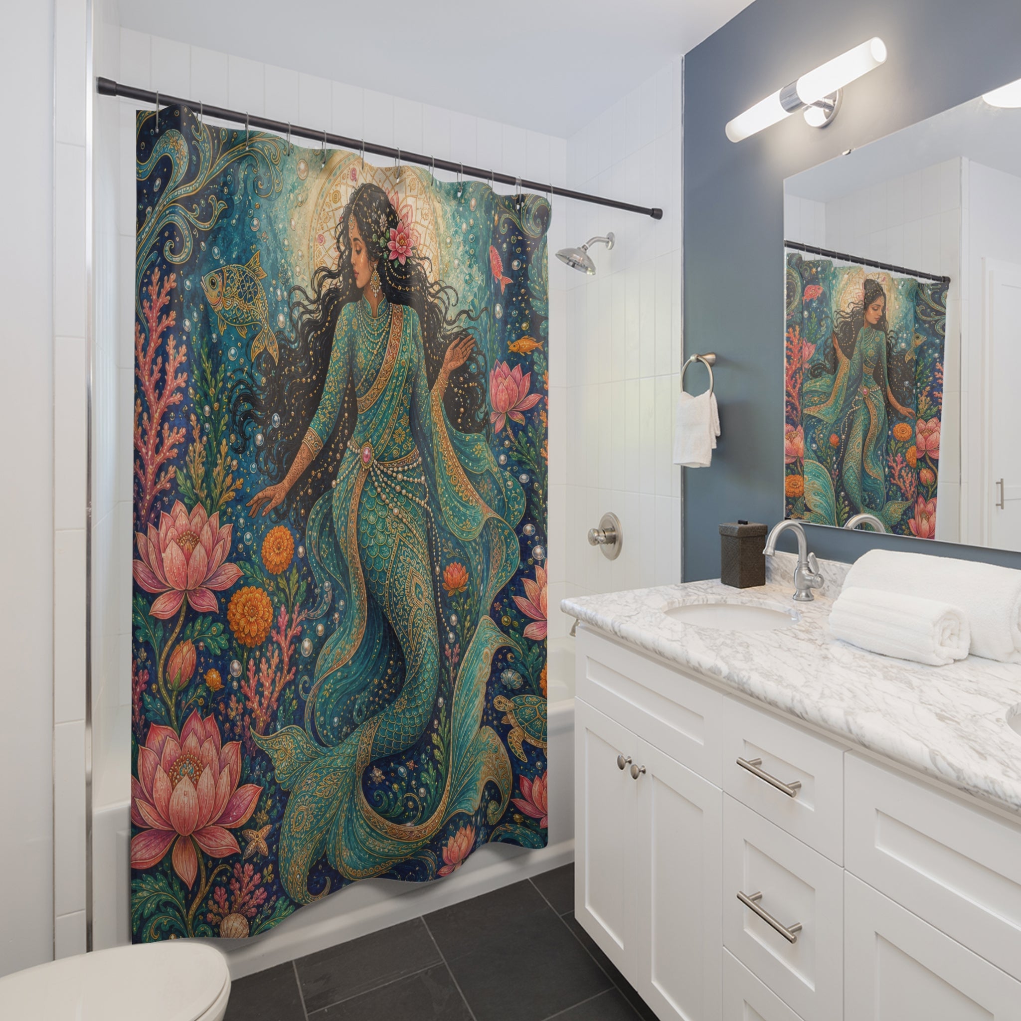 Teal Lotus Ocean Shower Curtain