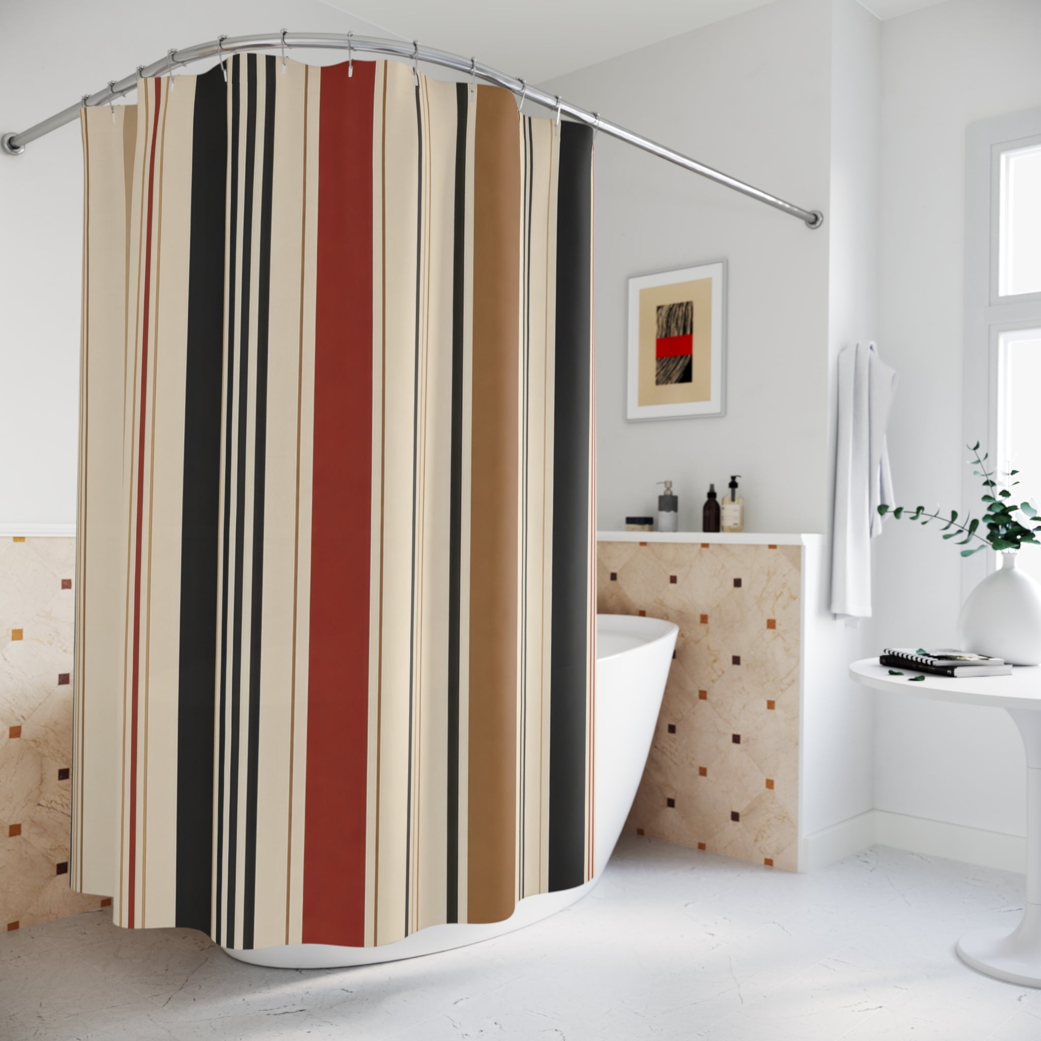 Black Red Tan Vertical Band Shower Curtain