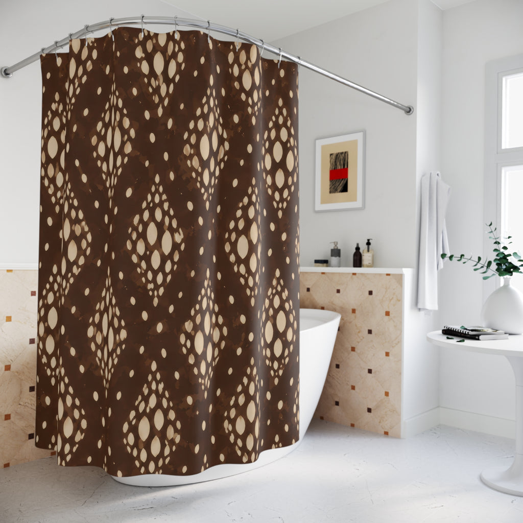 Cream fawn spot medallions over deep coffee brown shower curtain beside a freestanding tub