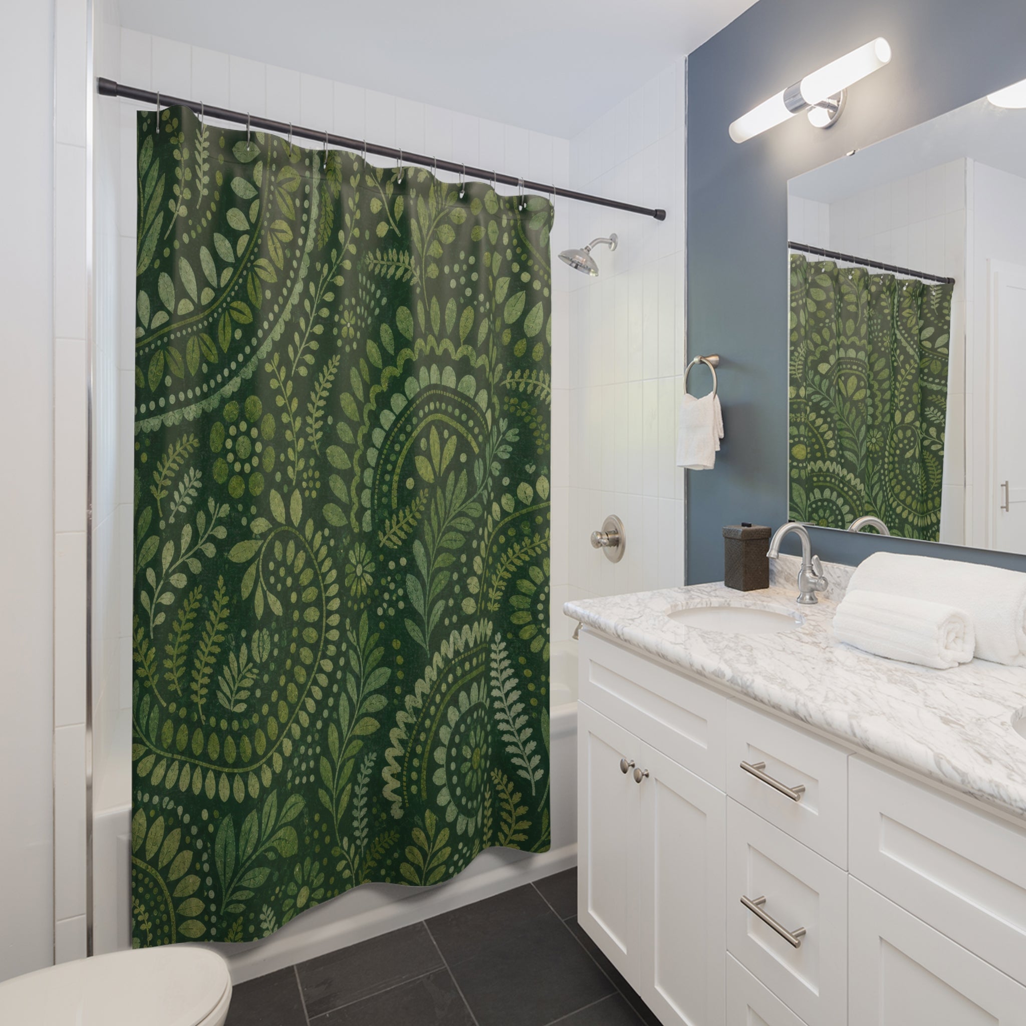 Green Paisley Shower Curtain, Boho Bath Decor, Mandala Vine Pattern, Forest Green Guest Bathroom Decor, Bohemian Style