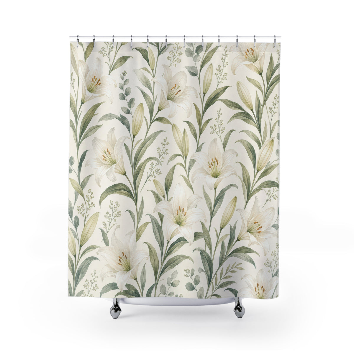Floral Botanical white lily tall shower curtain with full front view