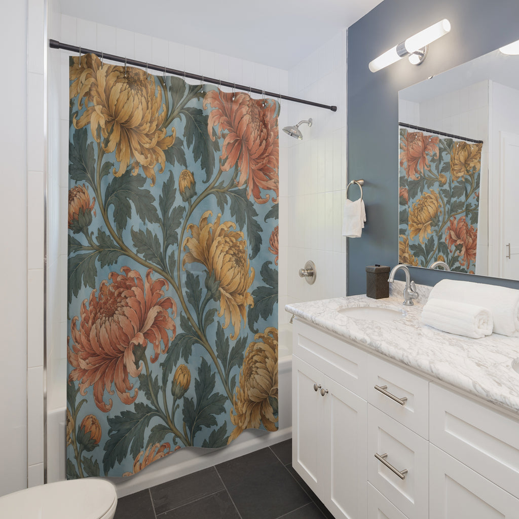 Ochre and coral chrysanthemums on powder blue shower curtain beside a white vanity