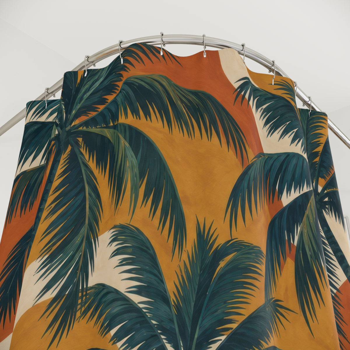Teal palms over terracotta, ochre and cream color blocks shower curtain with close-up print, hooks, and folds