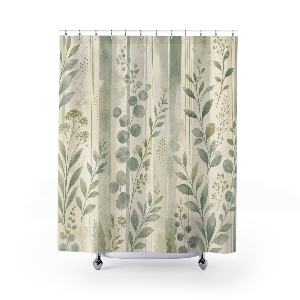 Sage Leaf Stripe Collage Shower Curtain