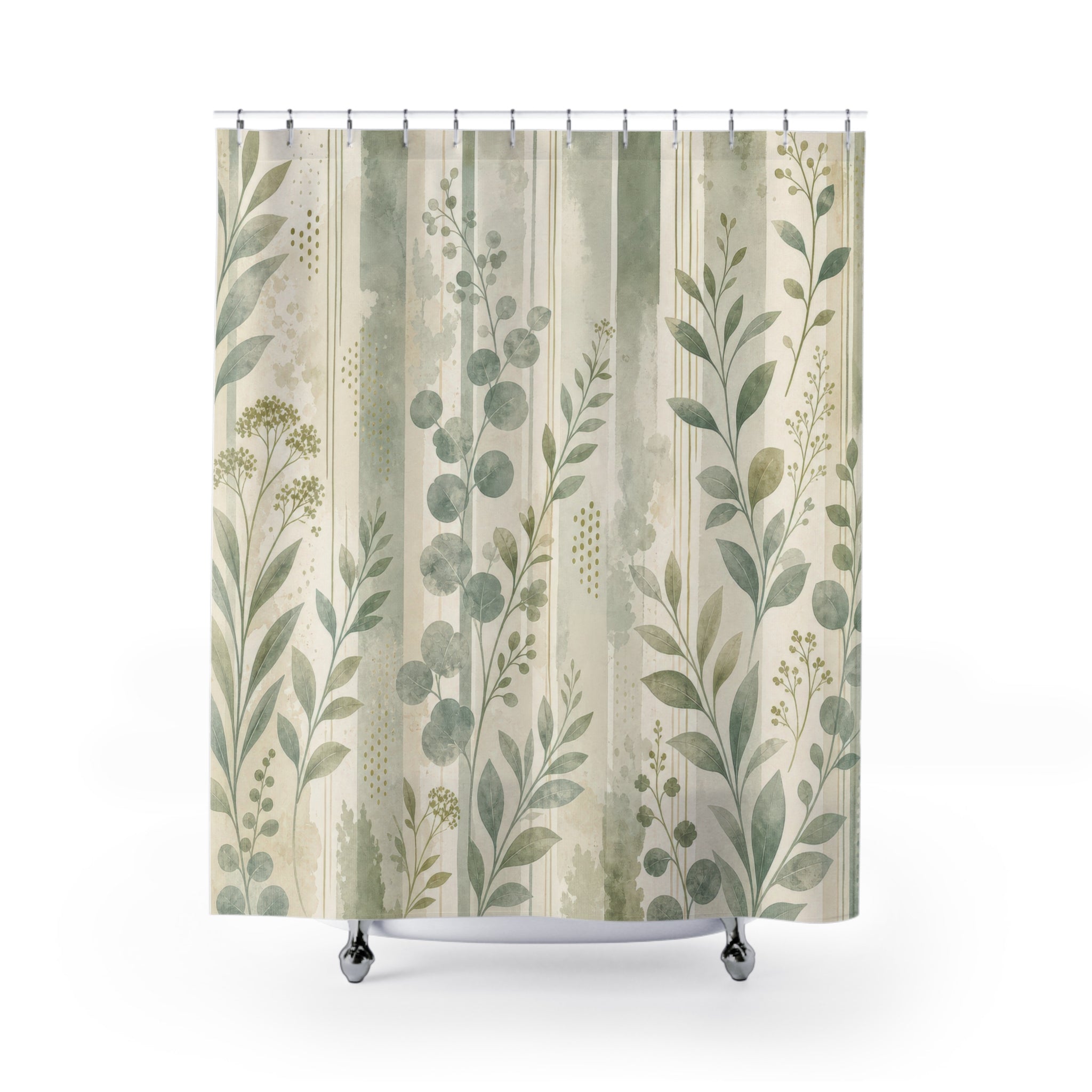 Sage Leaf Stripe Collage Shower Curtain