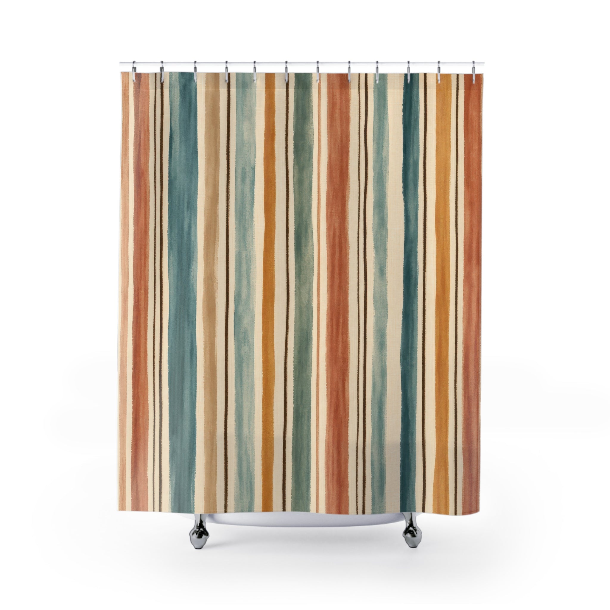 Teal Aqua Terracotta Watercolor Stripe Shower Curtain