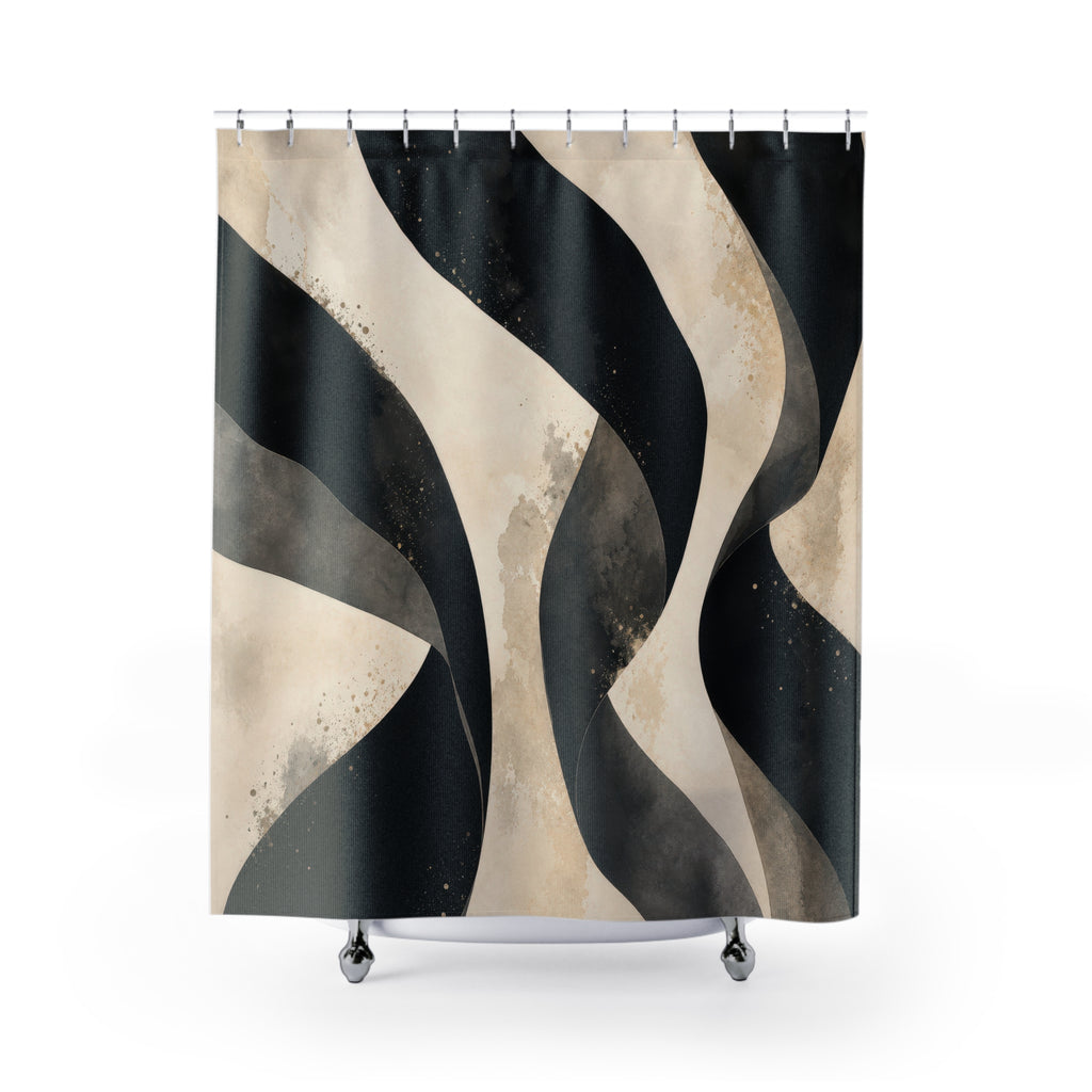 Black Striped Shower Curtain, Cream Wavy Abstract Bath Decor, Modern Organic Stripe Pattern, Black White Guest Bathroom Decor Style