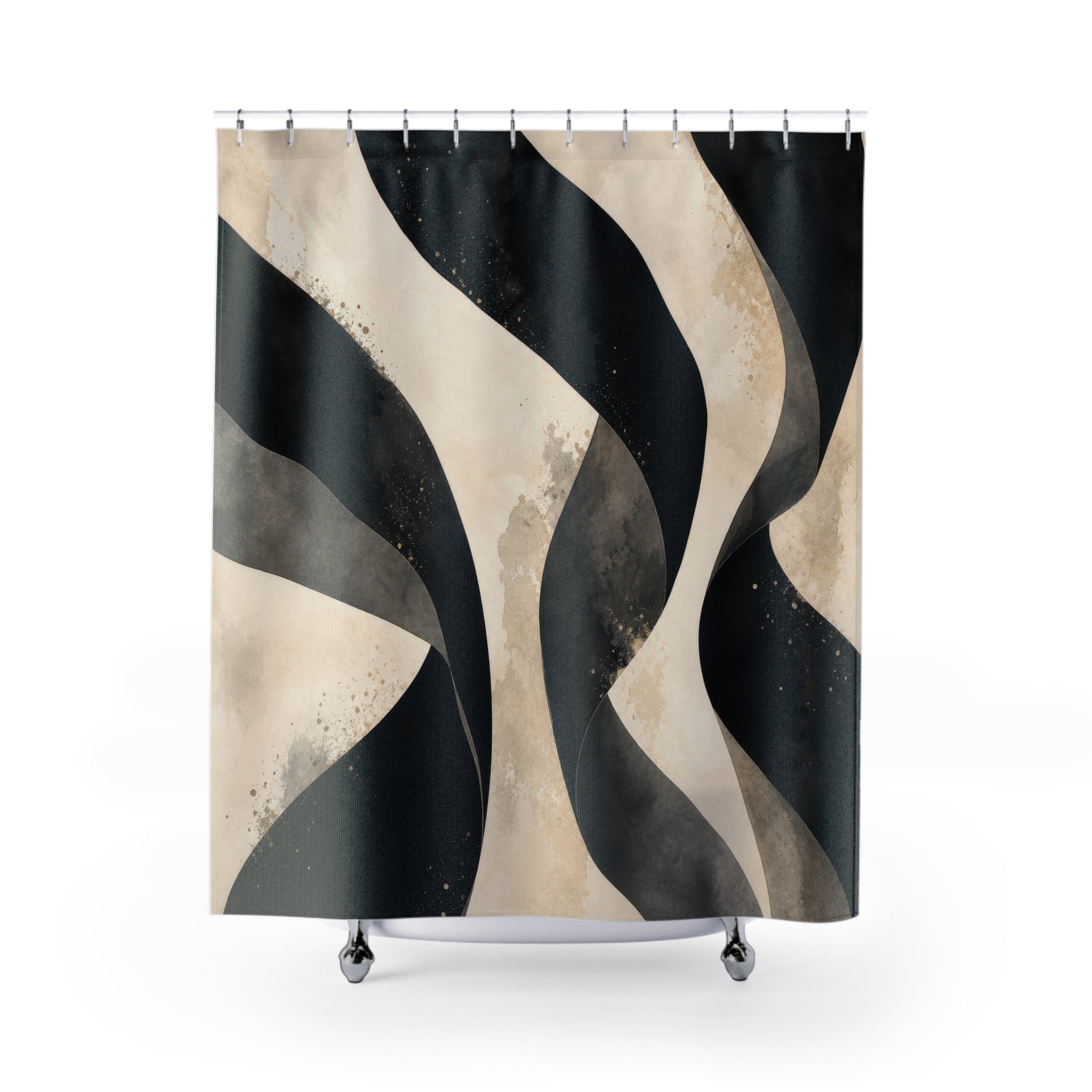 Black Striped Shower Curtain, Cream Wavy Abstract Bath Decor, Modern Organic Stripe Pattern, Black White Guest Bathroom Decor Style