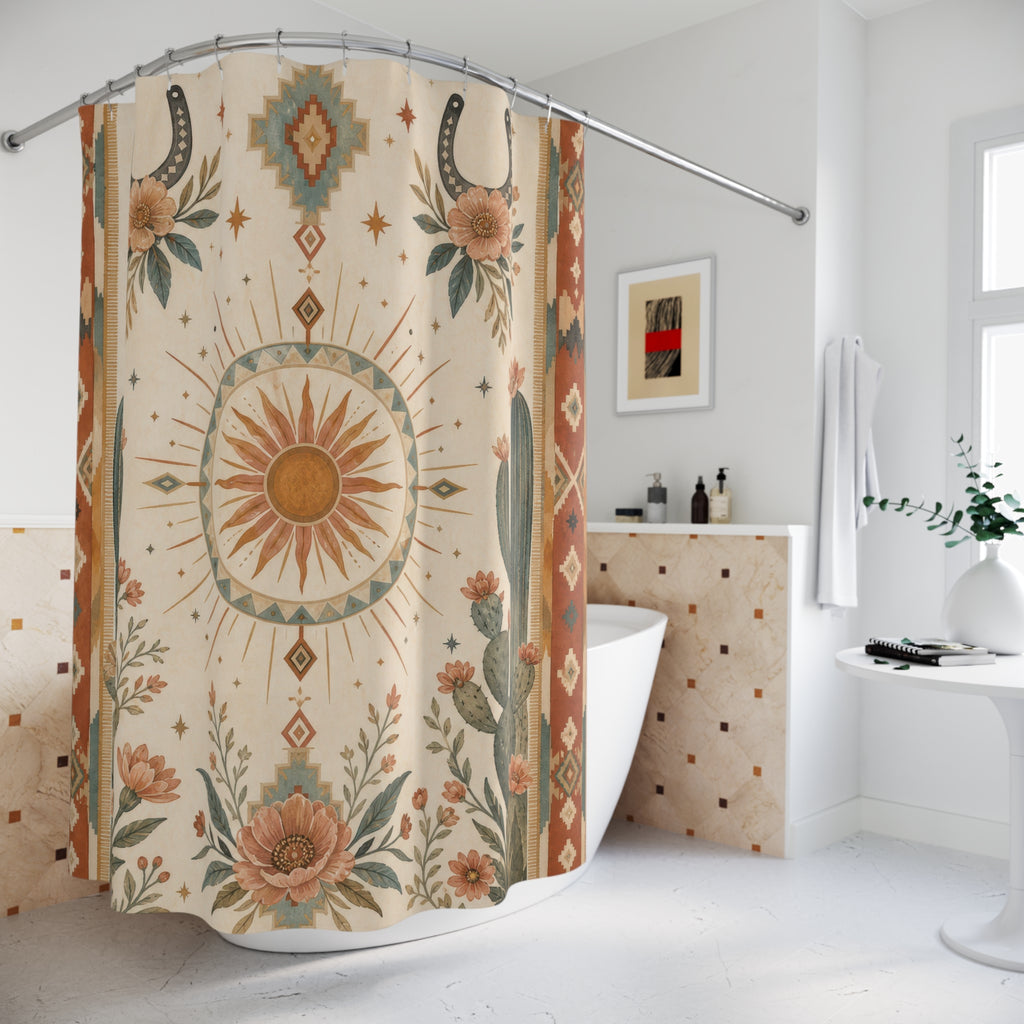 Western Boho Shower Curtain, Desert Floral Bath Decor, Terracotta Turquoise Sunburst Pattern, Rustic Southwestern Guest Bathroom Decor