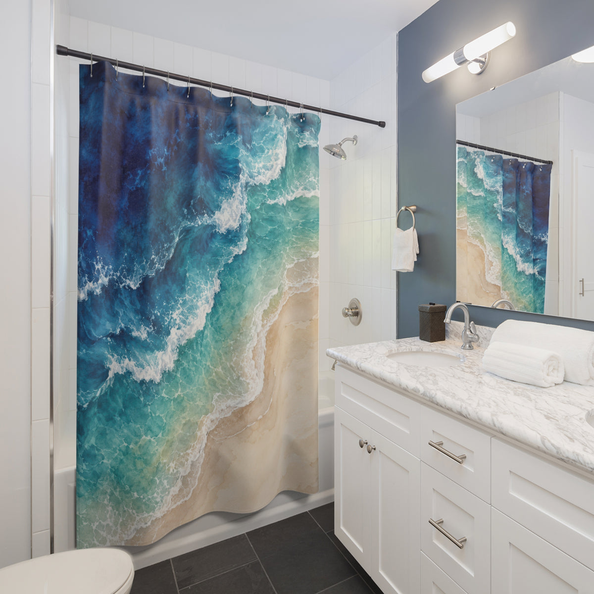 Blue and turquoise surf beside a pale sandy shore shower curtain beside a white vanity