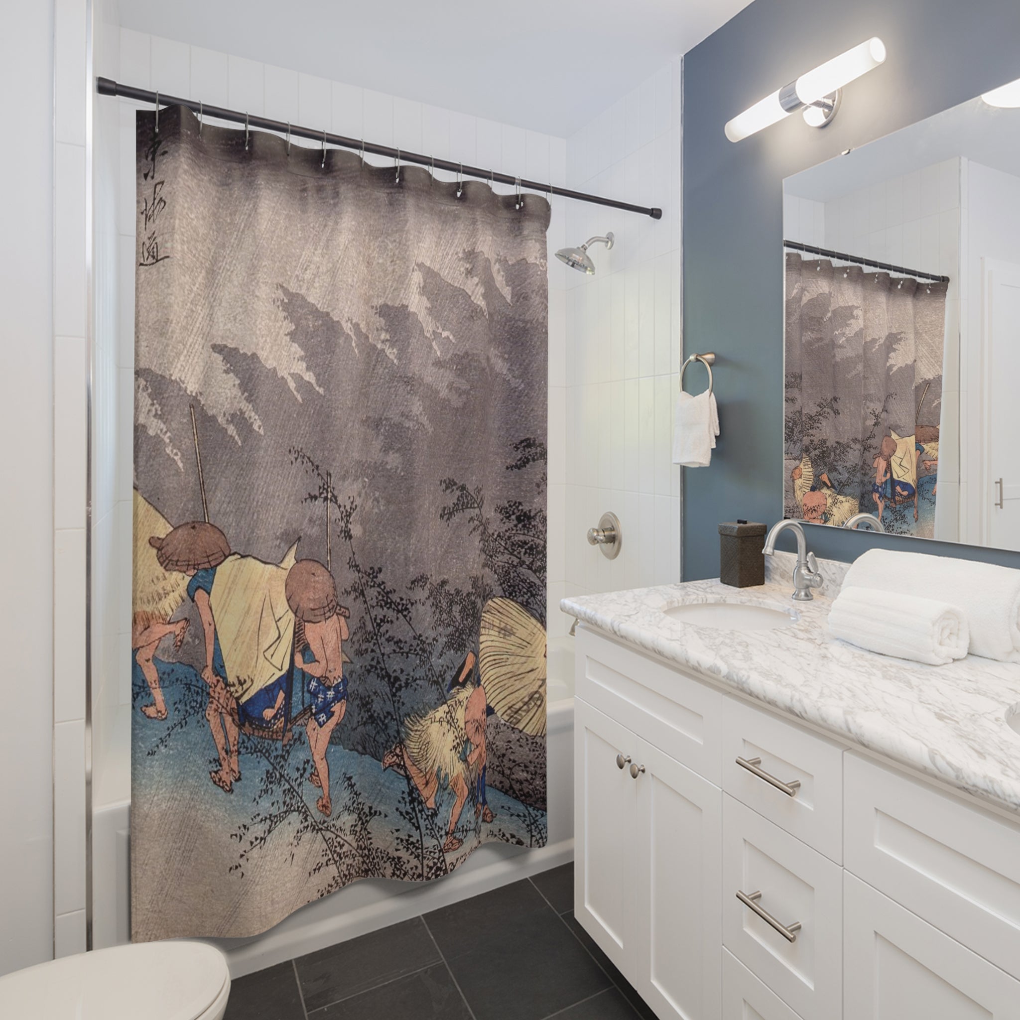 Hiroshige Japanese Woodblock Shower Curtain, Blue Grey Rainstorm Bathroom Art, Edo Period Tokaido Print, Vintage Bath Curtain