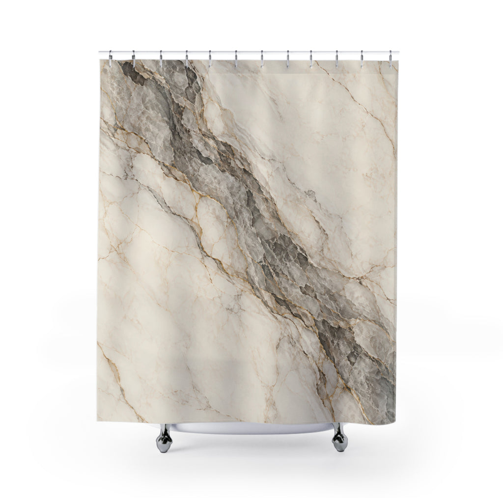Gray and gold-tone marble veins across warm ivory shower curtain with full front view