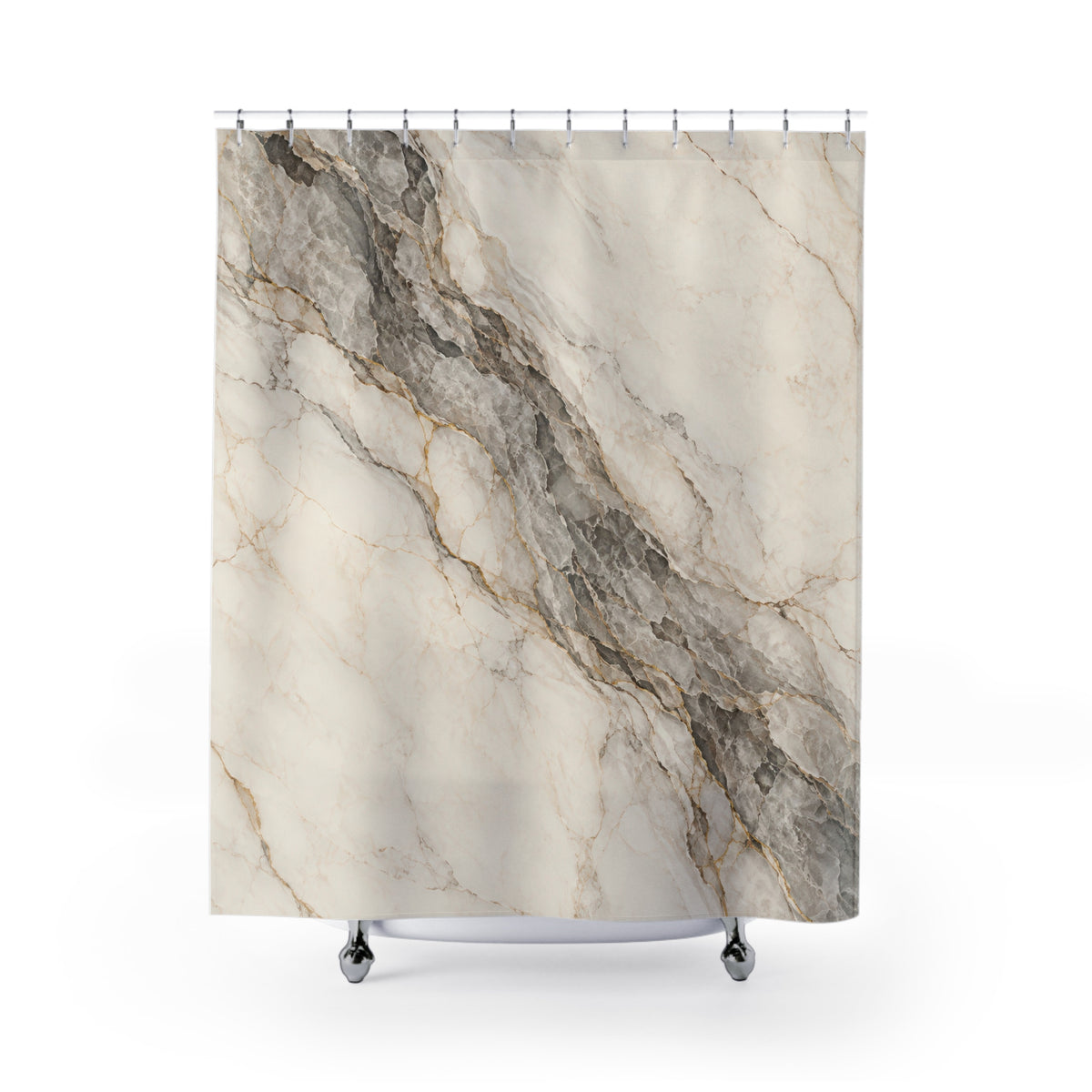 Gray and gold-tone marble veins across warm ivory shower curtain with full front view
