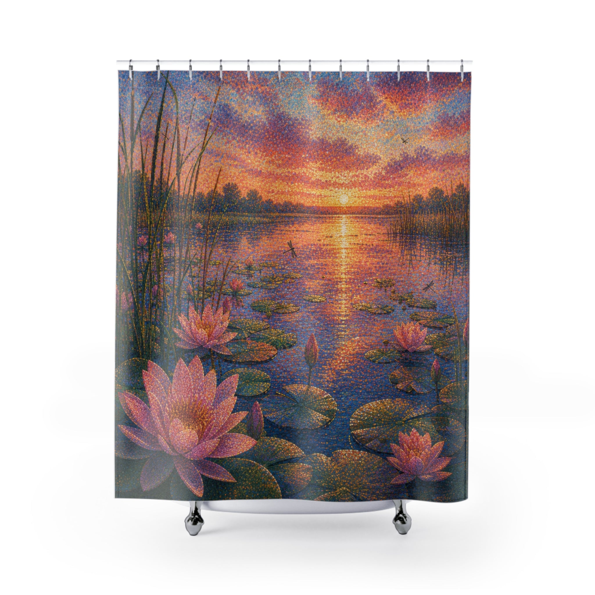Pointillist Lotus Pond Sunset Shower Curtain