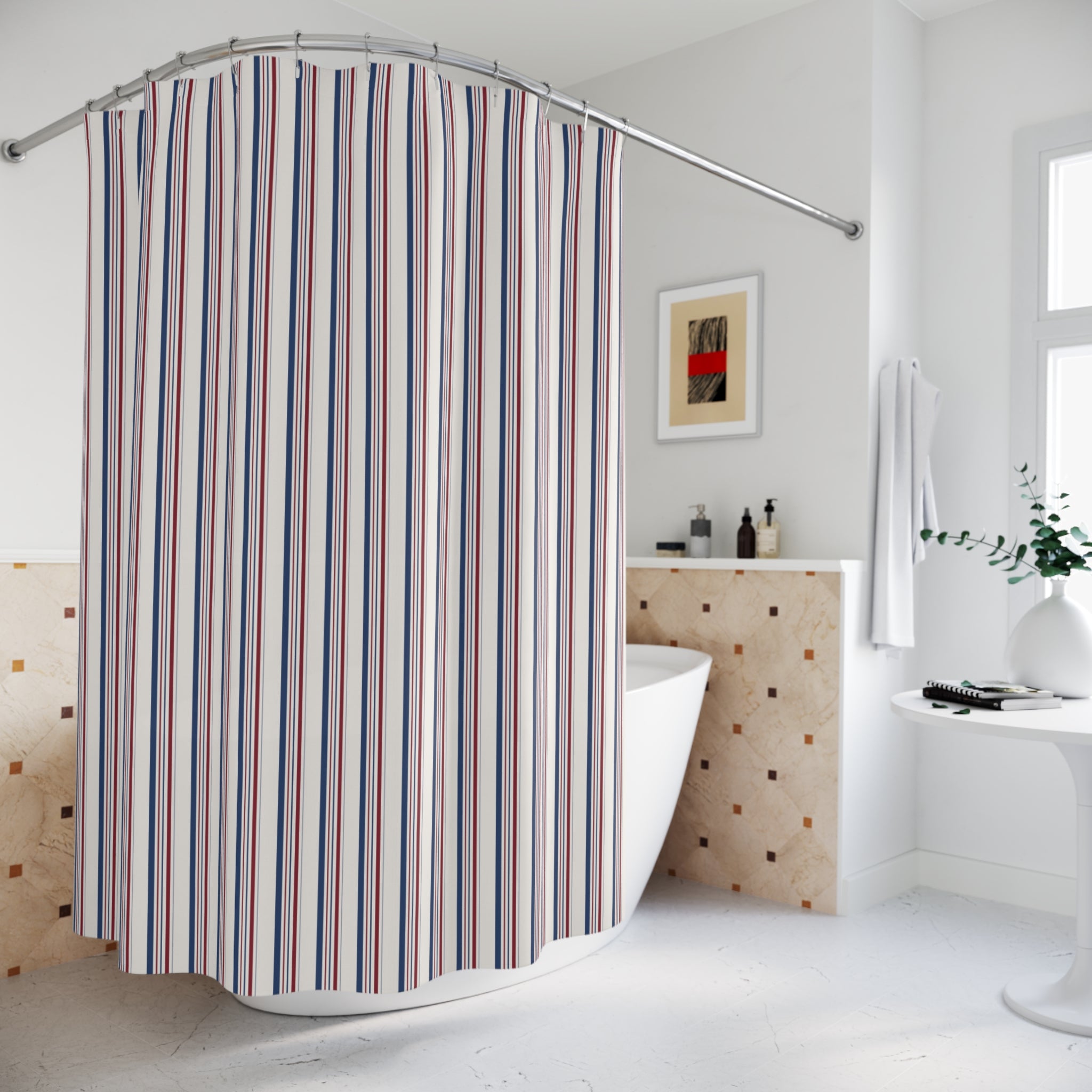 French Country Stripe Shower Curtain – Blue and Red