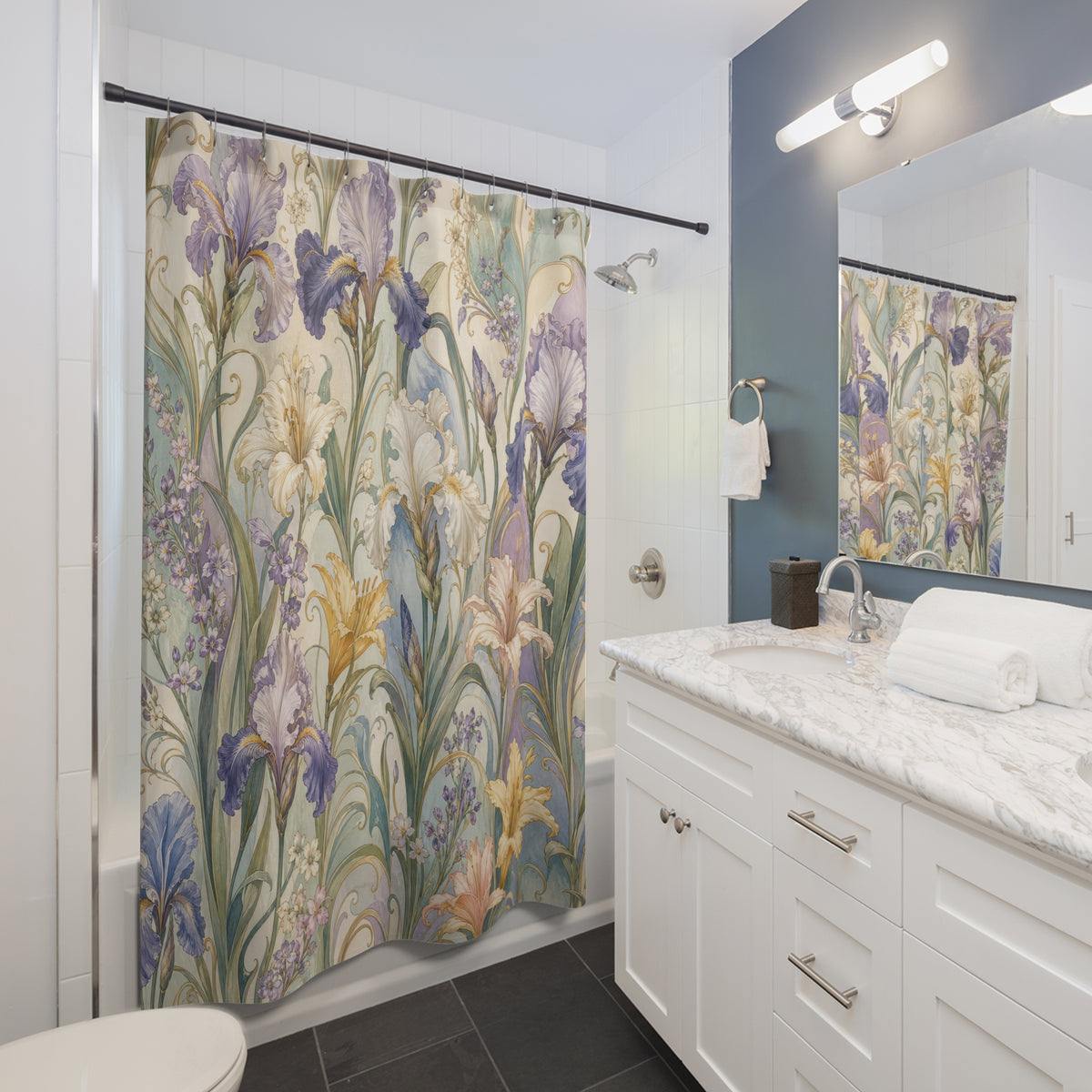 Blue Iris Floral botanical lavender shower curtain beside a white vanity
