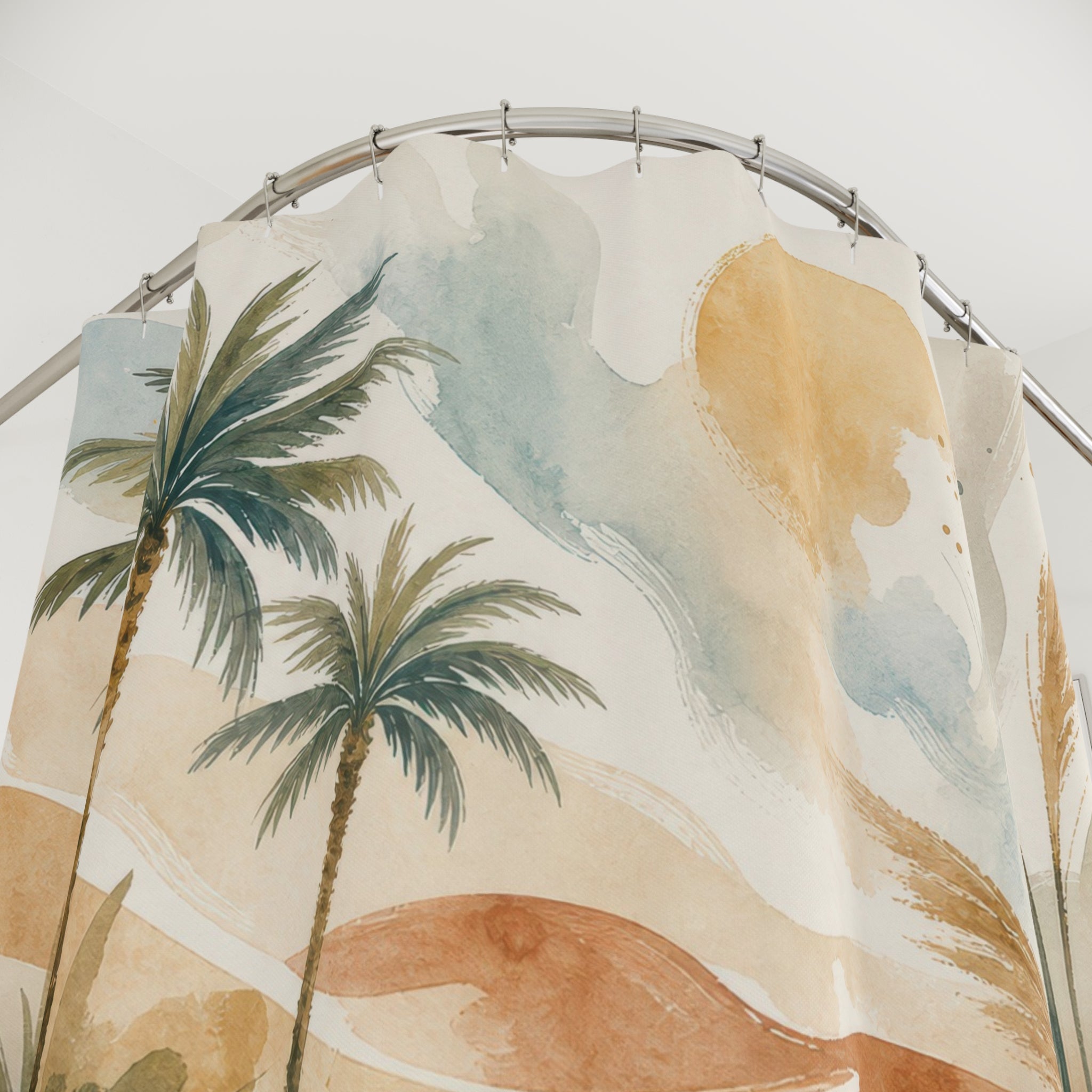 Desert Oasis Tropical Landscape Beige Black Shower Curtain
