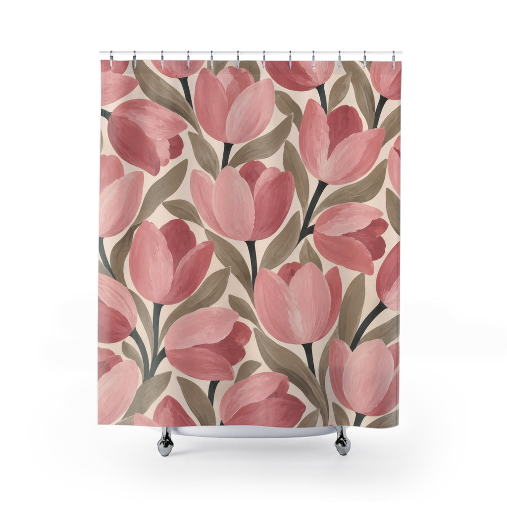 Blush tulips with taupe leaves on cream shower curtain with full front view