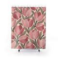 Blush tulips with taupe leaves on cream shower curtain with full front view