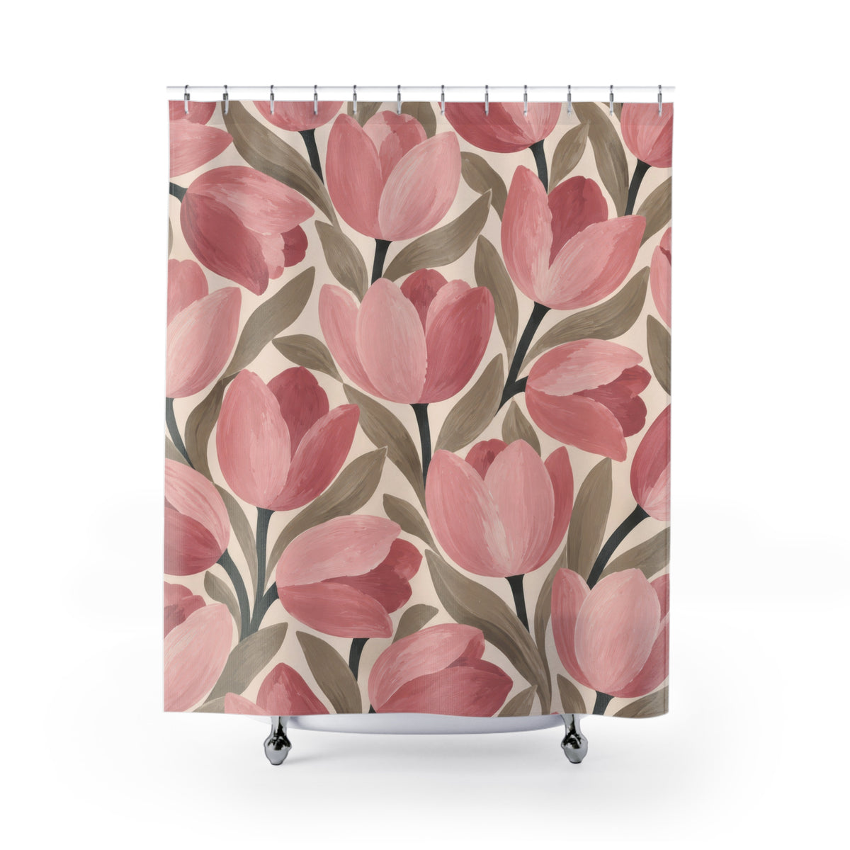 Blush tulips with taupe leaves on cream shower curtain with full front view