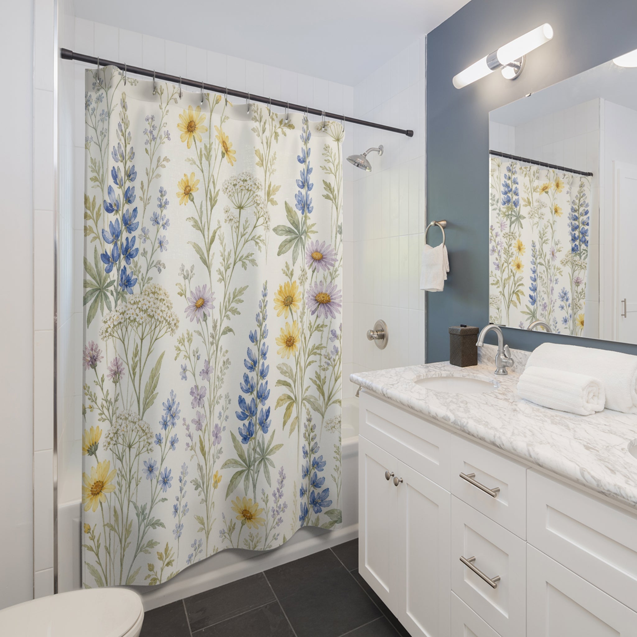 Blue Yellow Wildflower Watercolor Shower Curtain