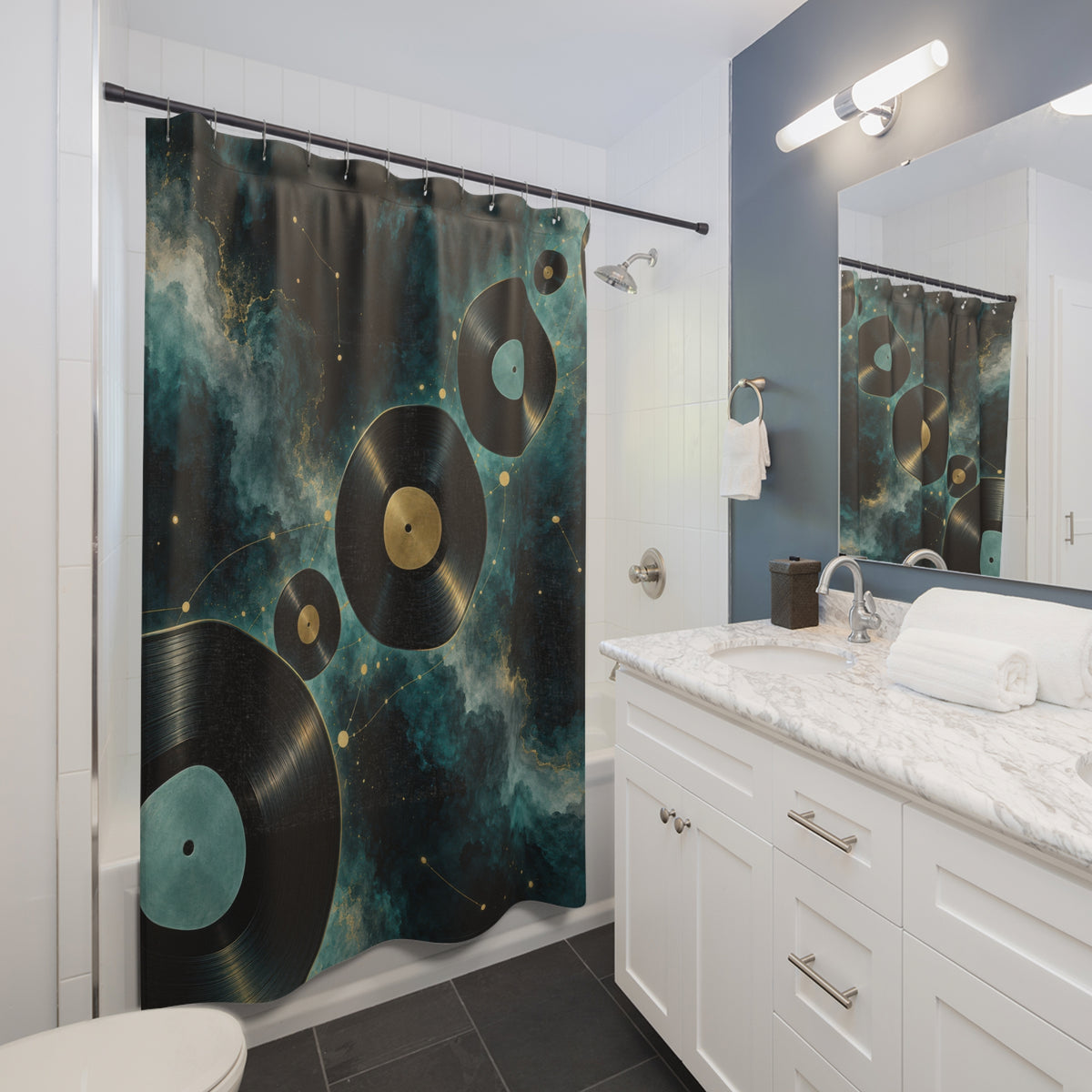 Black vinyl records across teal clouds and gold star lines shower curtain beside a white vanity