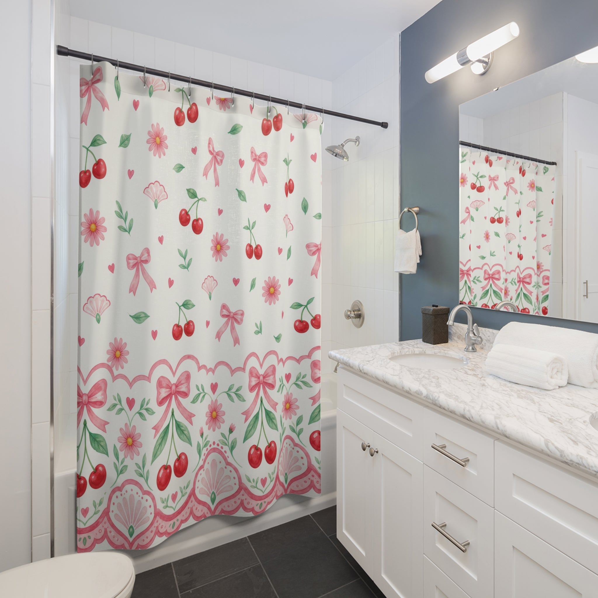 Girly Shower Curtain, Pink Bow Cherry Daisy Pattern