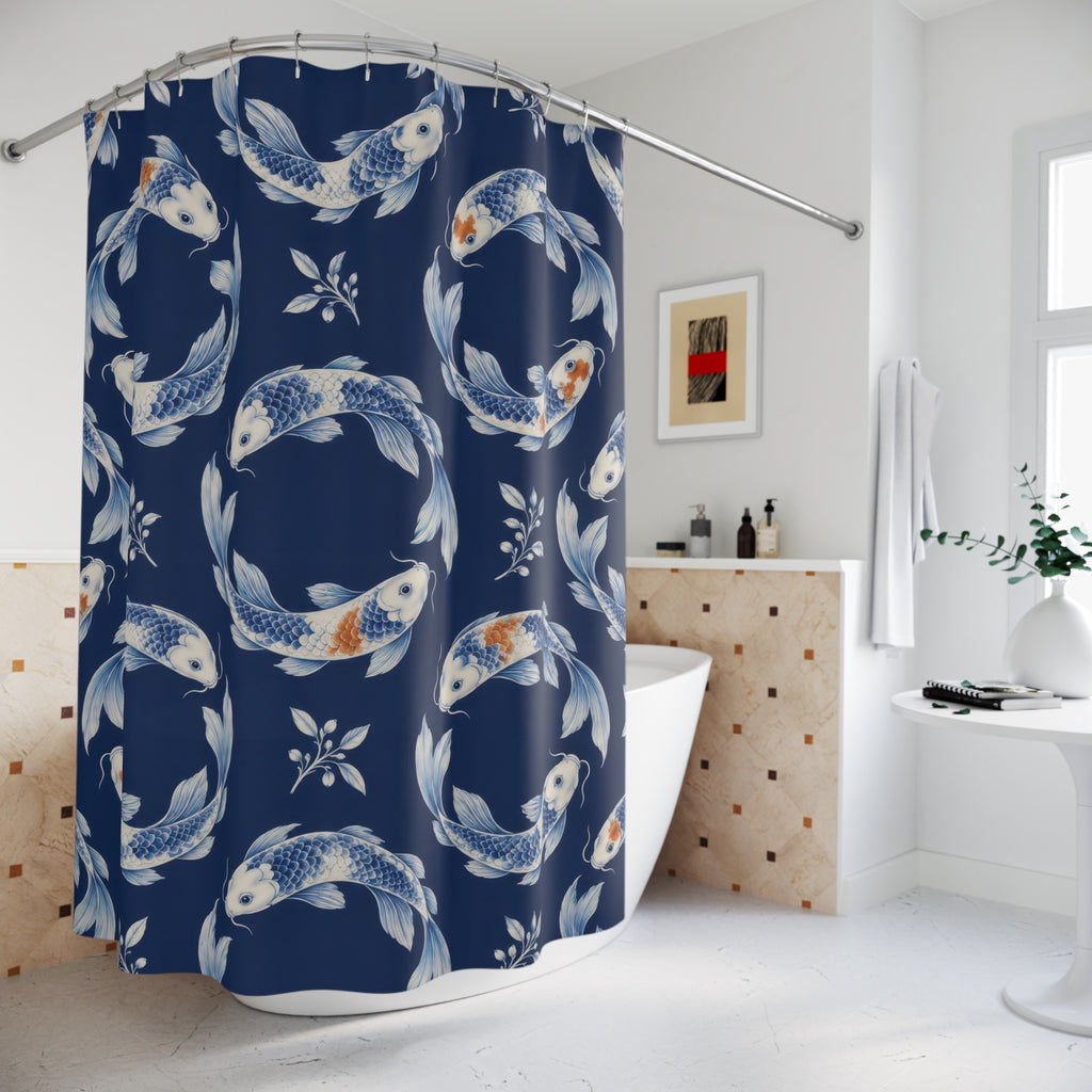 Ivory and blue Chinoiserie koi on indigo shower curtain beside a freestanding tub