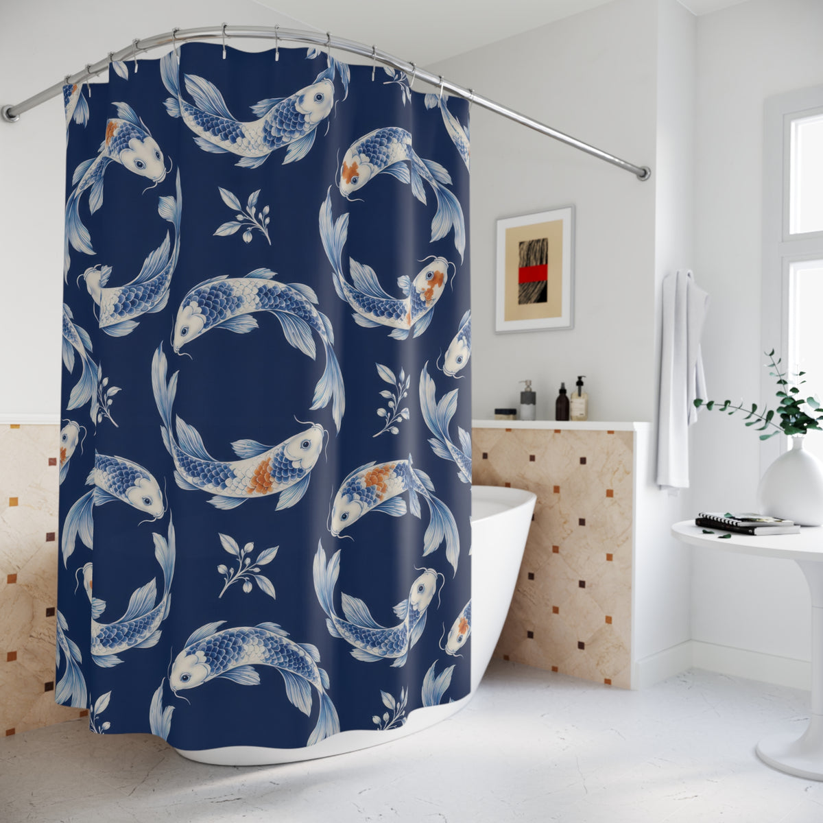 Ivory and blue Chinoiserie koi on indigo shower curtain beside a freestanding tub