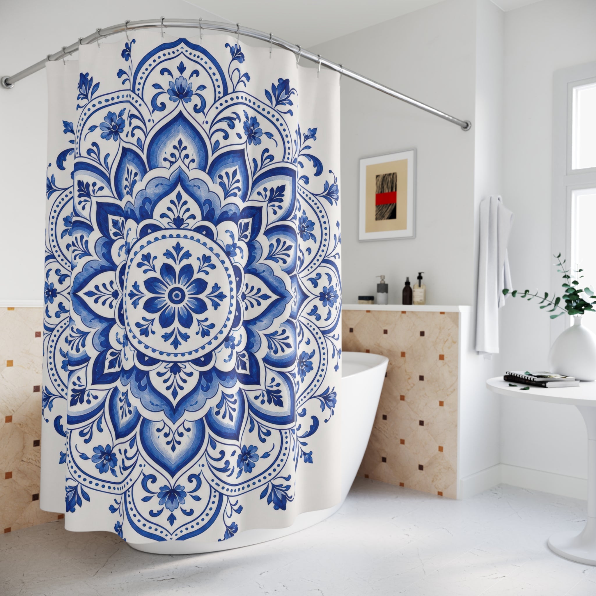 Royal Blue White Medallion Shower Curtain
