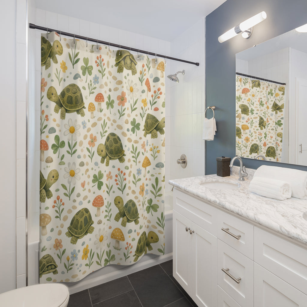 Kids Turtle Shower Curtain, Mushroom Woodland Animal Pattern, Cute Green Nursery Bathroom Decor, Woodland Wall Decor Guest Bath Wall Gift