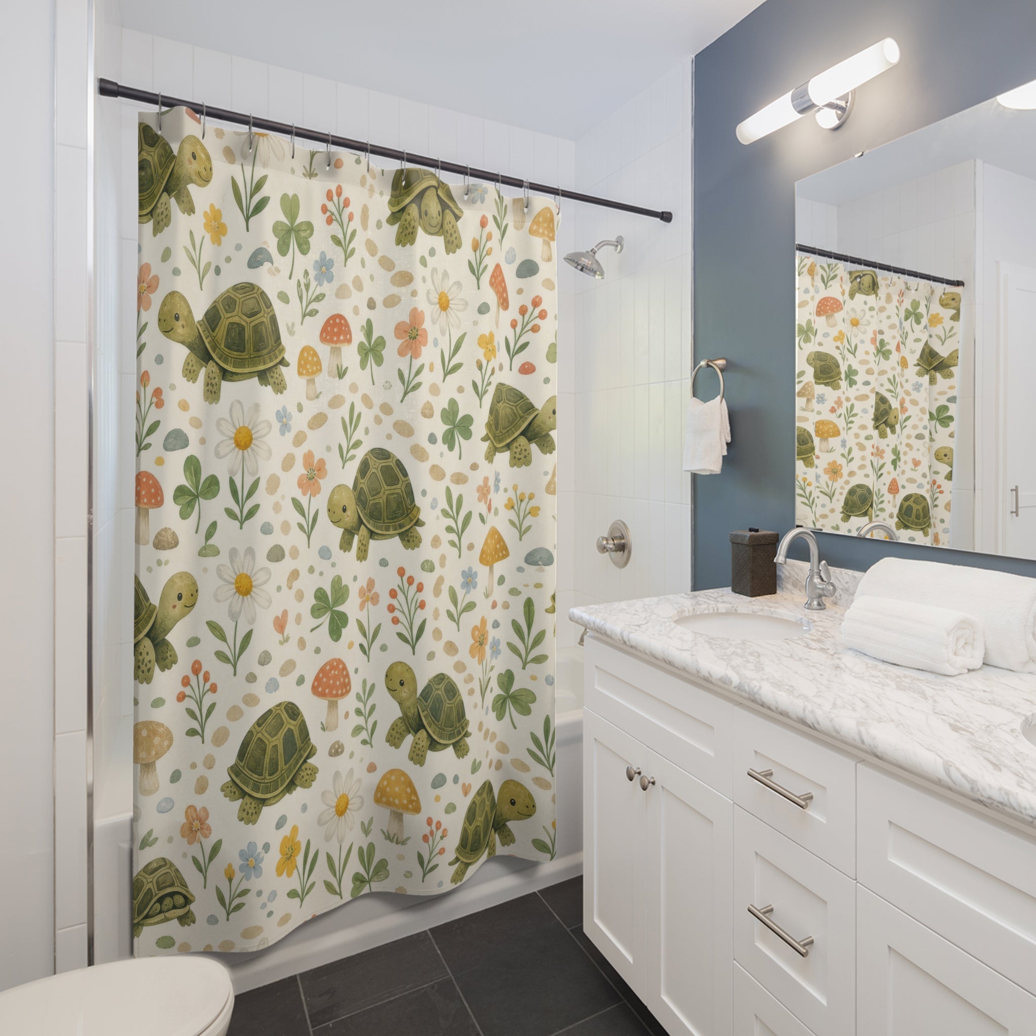 Kids Turtle Shower Curtain, Mushroom Woodland Animal Pattern, Cute Green Nursery Bathroom Decor, Woodland Wall Decor Guest Bath Wall Gift