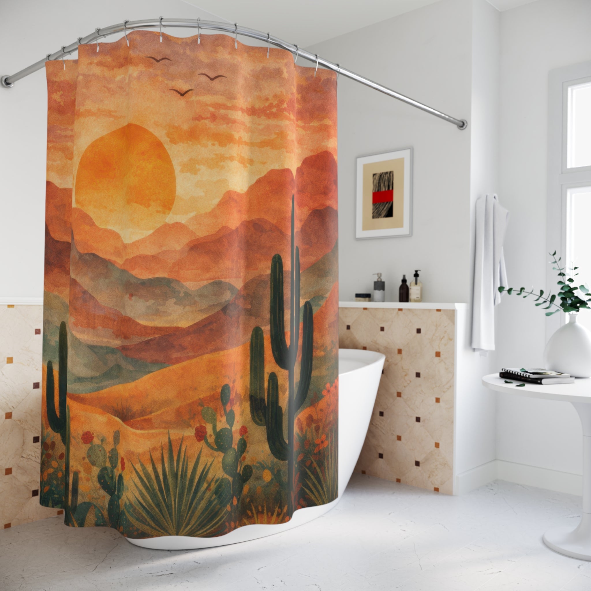 Boho Desert Cactus Shower Curtain – Terracotta Sunset