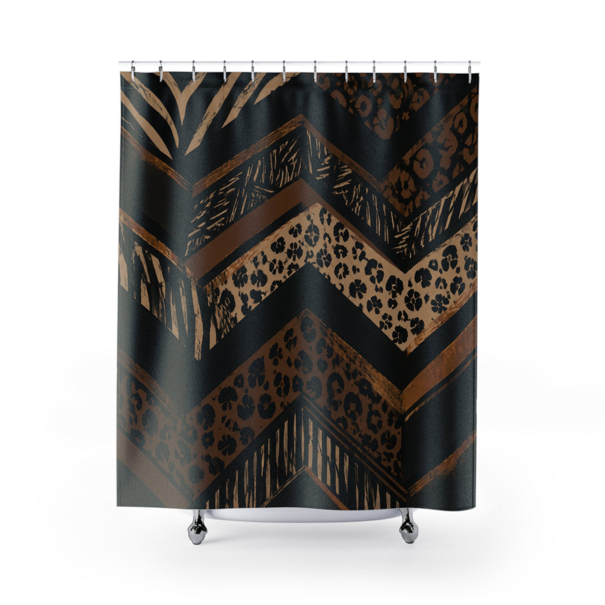 Black and saddle animal prints in layered chevrons shower curtain with full front view