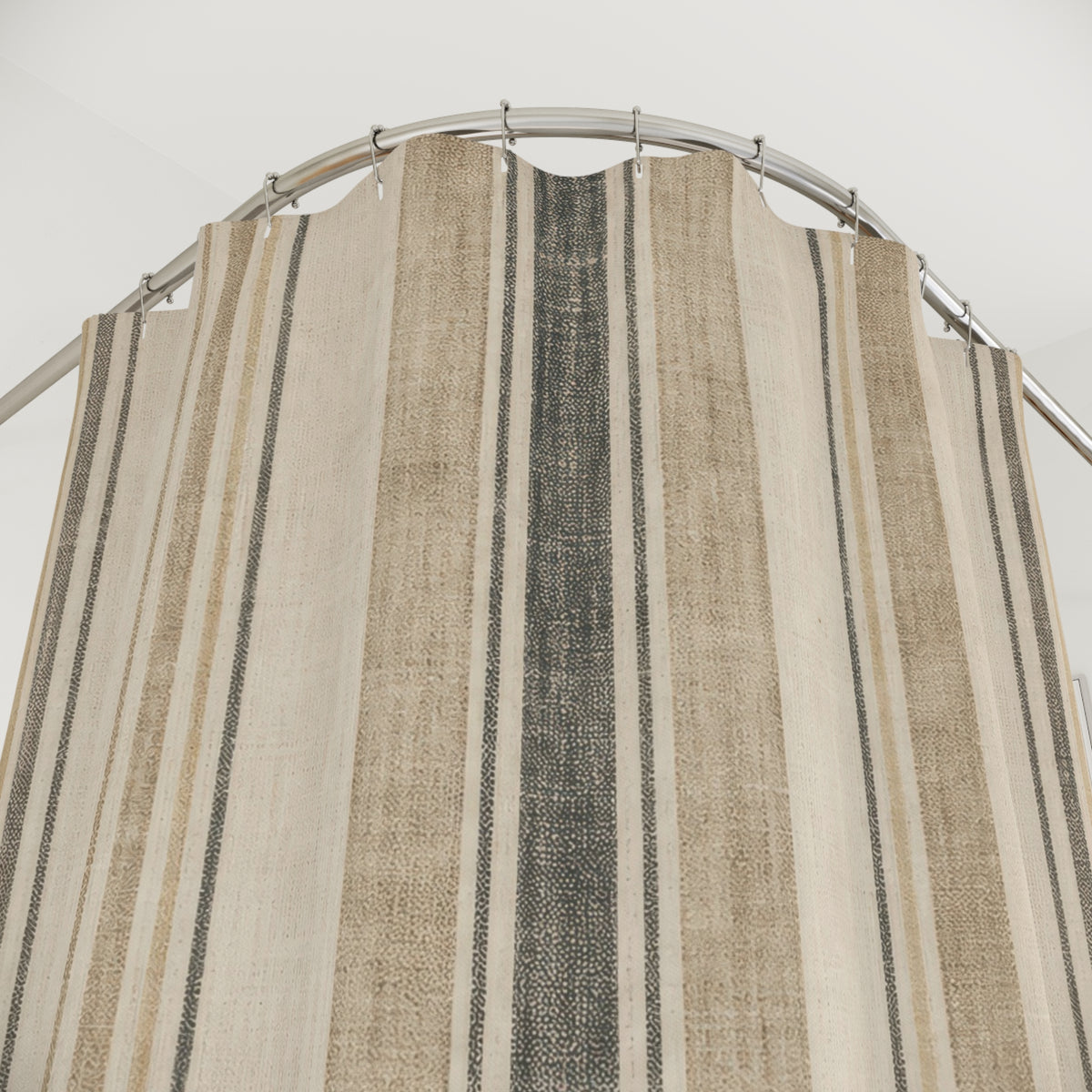 Farmhouse Stripe oatmeal grain sack shower curtain with close-up print, hooks, and folds