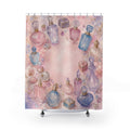 Pastel vintage perfume bottles and jeweled vanity treasures shower curtain with full front view