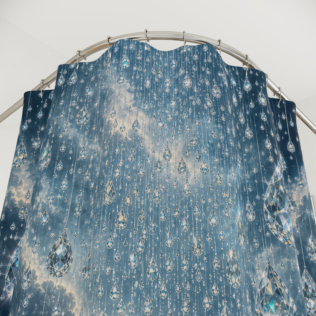 Unique Blue Shower Curtain, Crystal Rain Droplet Art, Sparkling Icy Bathroom Decor, Cool Abstract Guest Bath Wall Accent Gift For Home