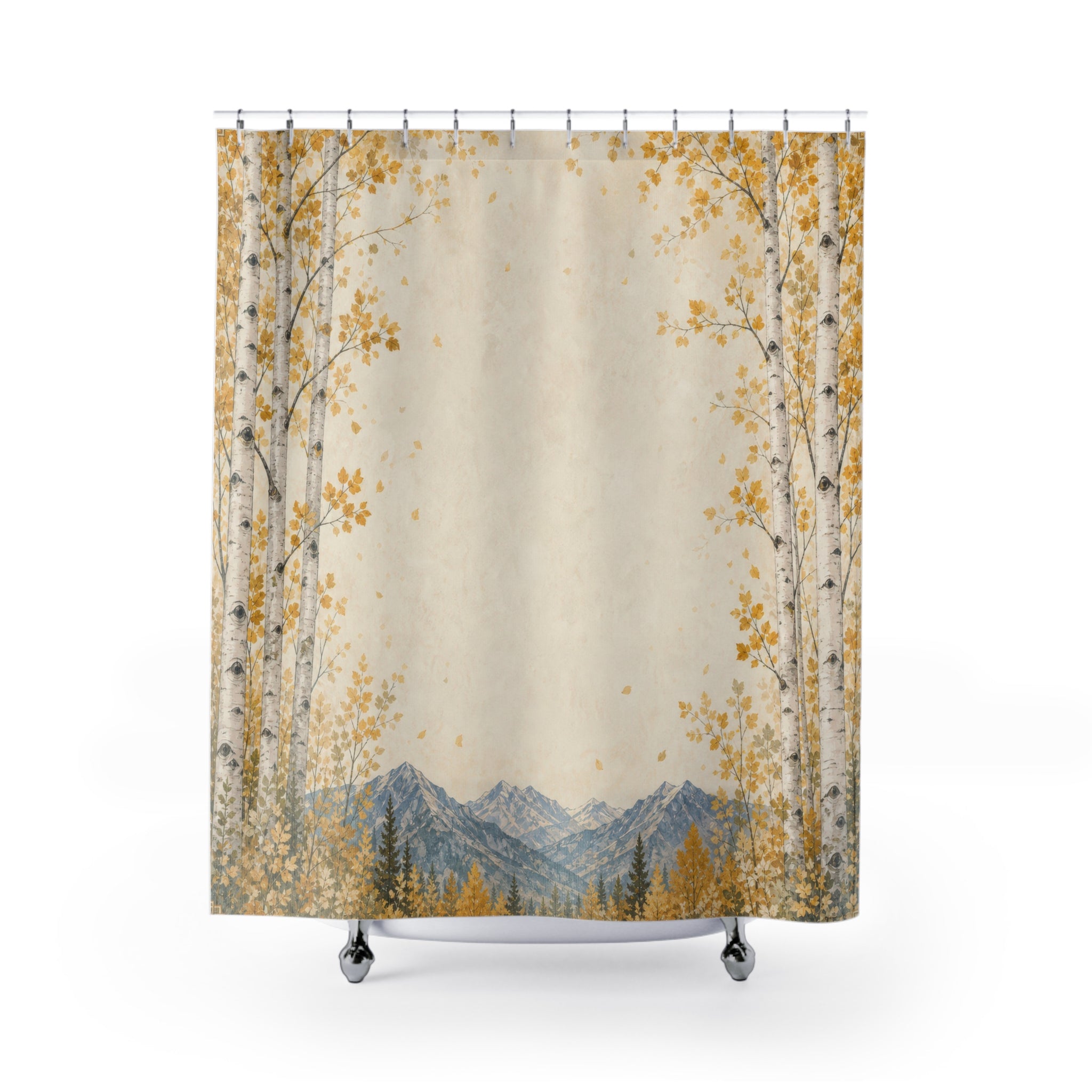 Aspen Border Shower Curtain, Golden Leaf Mountain Bath Decor, Cream Forest Frame Pattern, Airy Nature Inspired Guest Bathroom Decor
