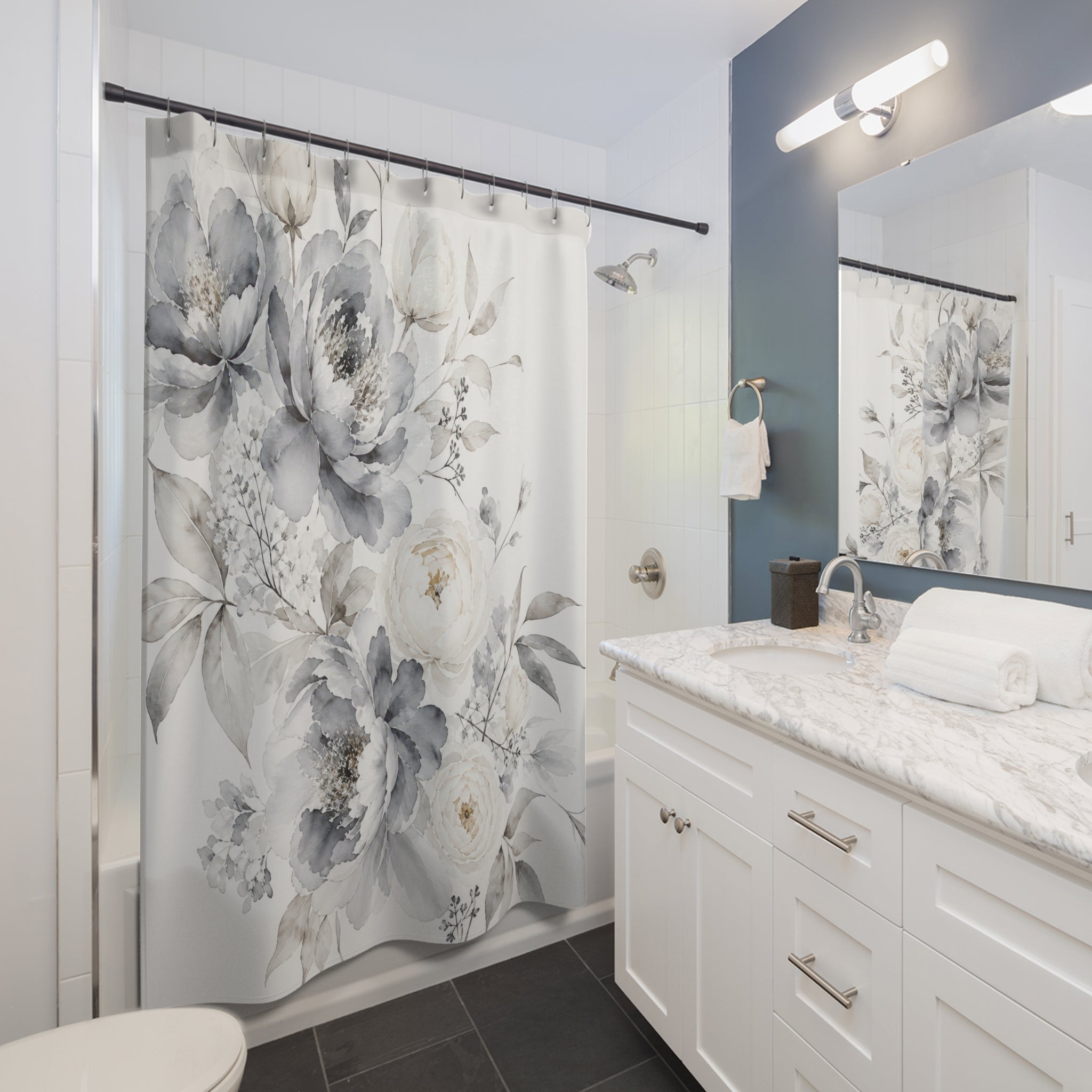Grey Watercolor Floral Shower Curtain