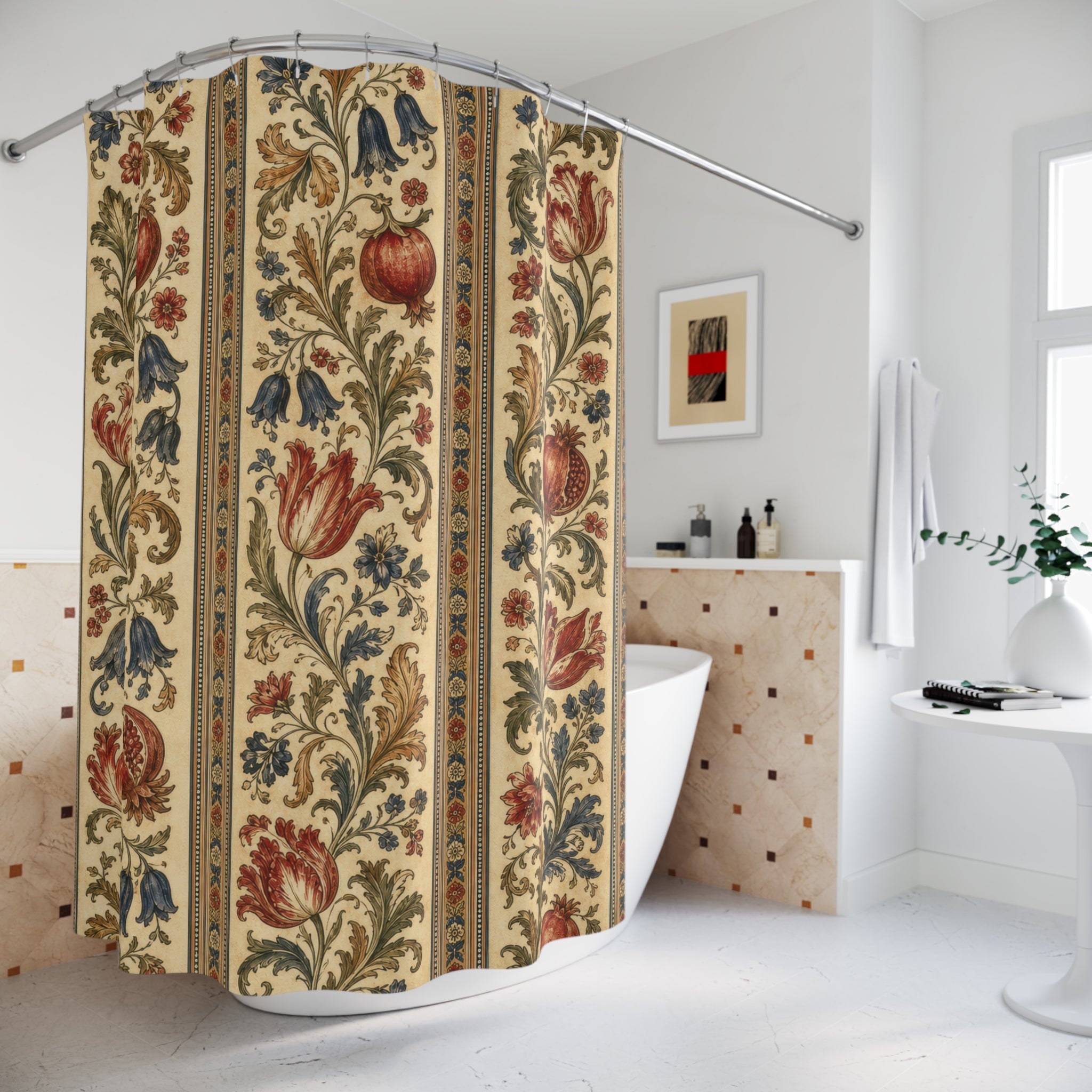 Antique ivory Jacobean floral stripes shower curtain beside a freestanding tub