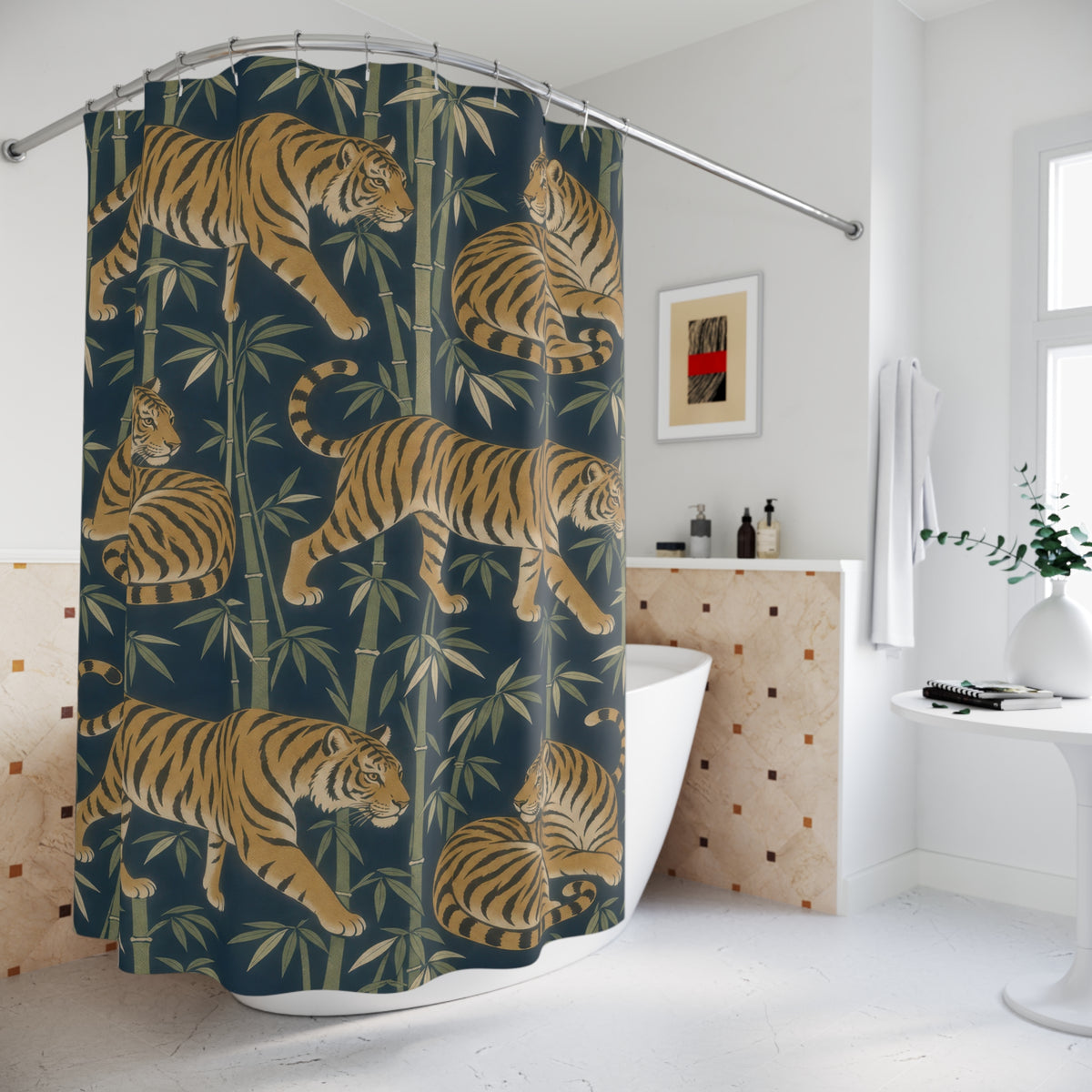 Ochre tiger and olive bamboo pattern on indigo shower curtain beside a freestanding tub