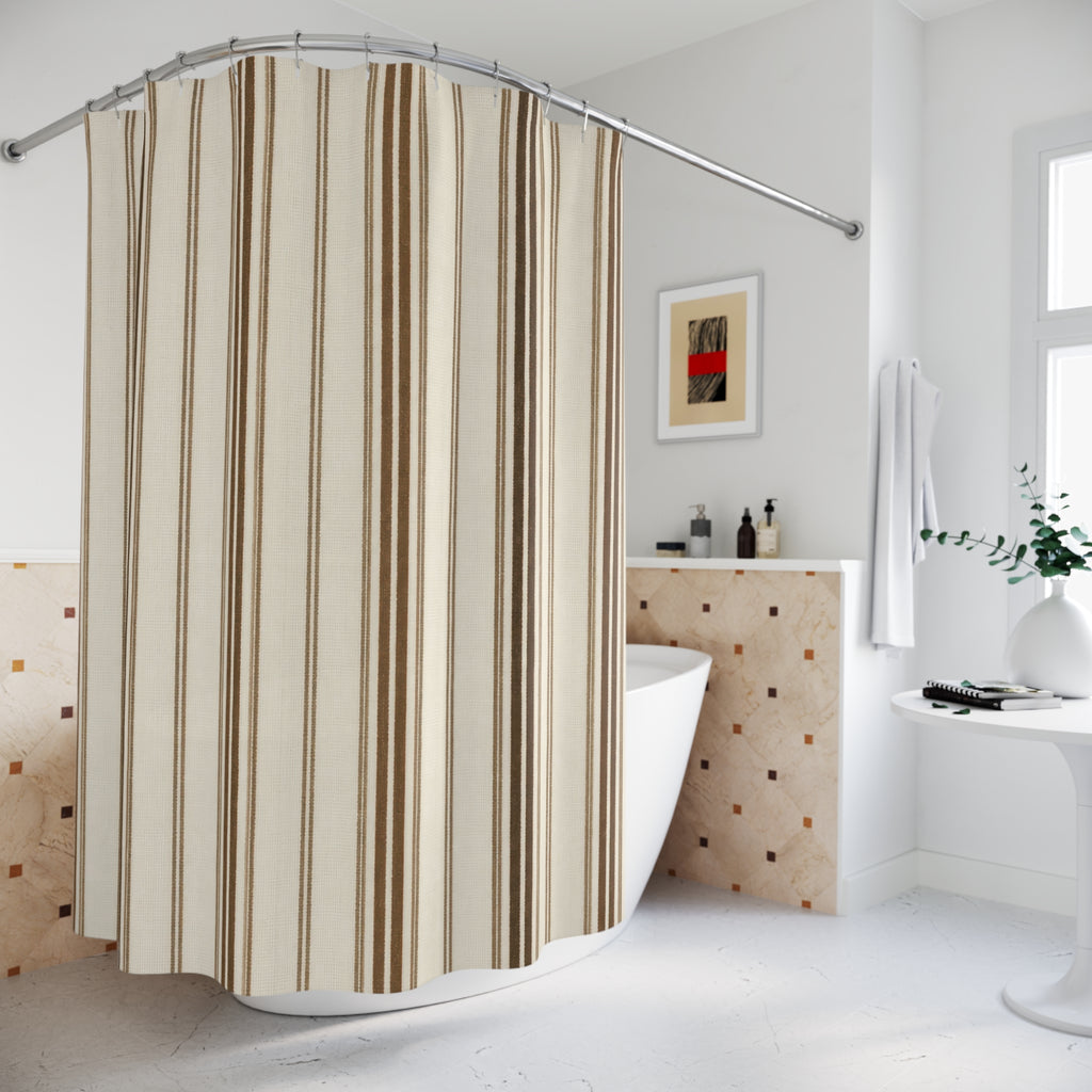 Brown Ticking Stripe Shower Curtain, Brown Cream Farmhouse Bathroom Decor, Warm Stripe Bath Curtain, Guest Bathroom Decor, Small Bath Decor