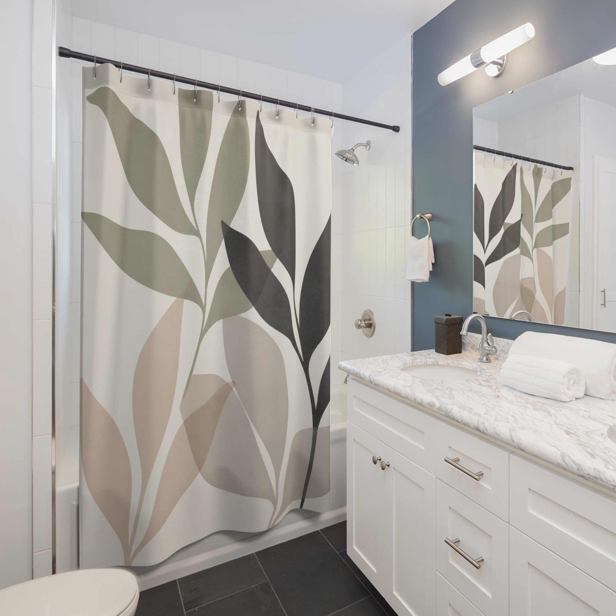 Sage Black Botanical Branch Shower Curtain