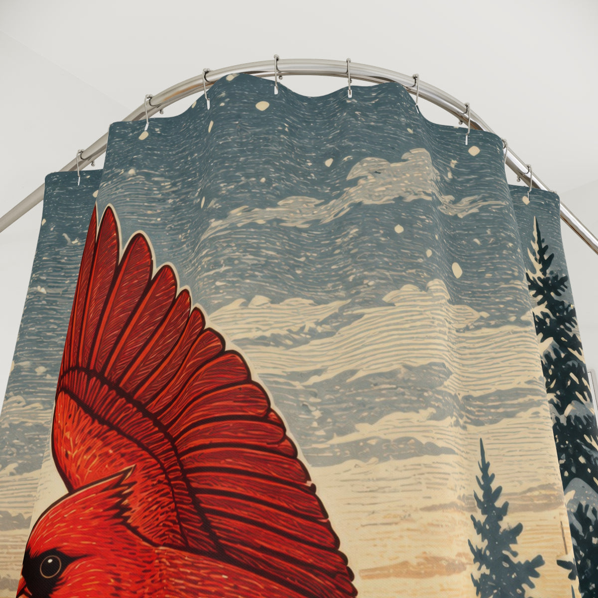 Red cardinal flying above snowy pines shower curtain with close-up print, hooks, and folds