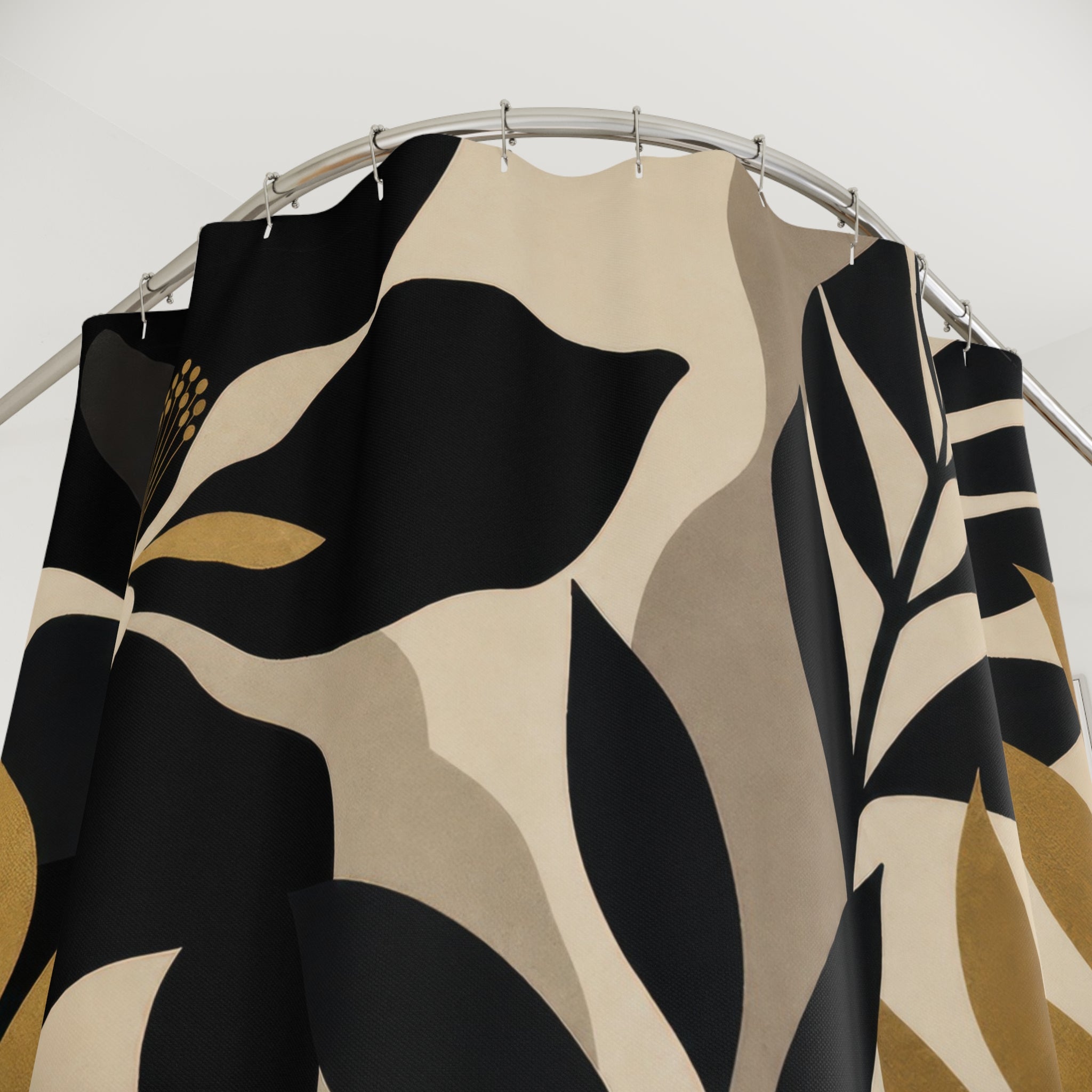 Gold Tropical Leaf Black Floral Shower Curtain