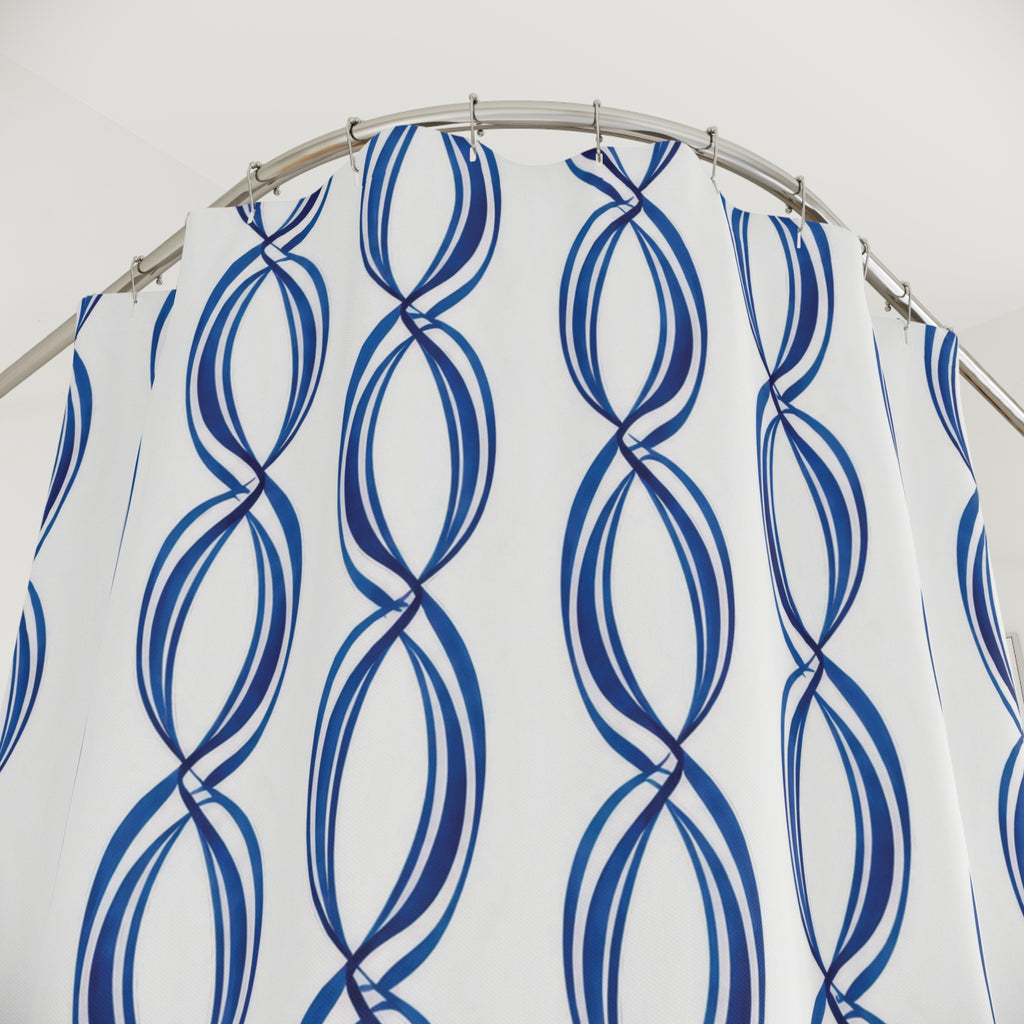 Linked blue oval loops in vertical stripes on white shower curtain with close-up print, hooks, and folds